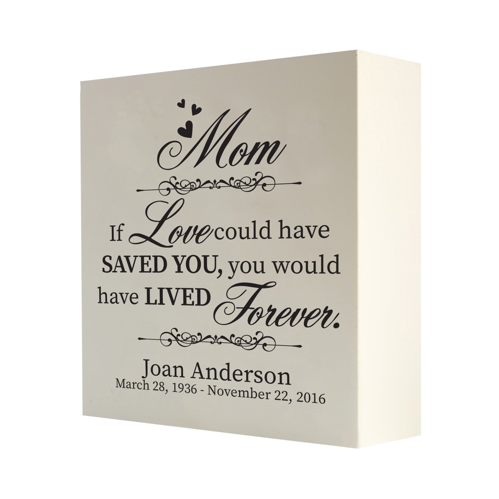 Detailed view of a sleek wooden shadow box urn for human ashes adult, memorializing a mom with a heartfelt quote in elegant white script, ideal for preserving cherished memories.