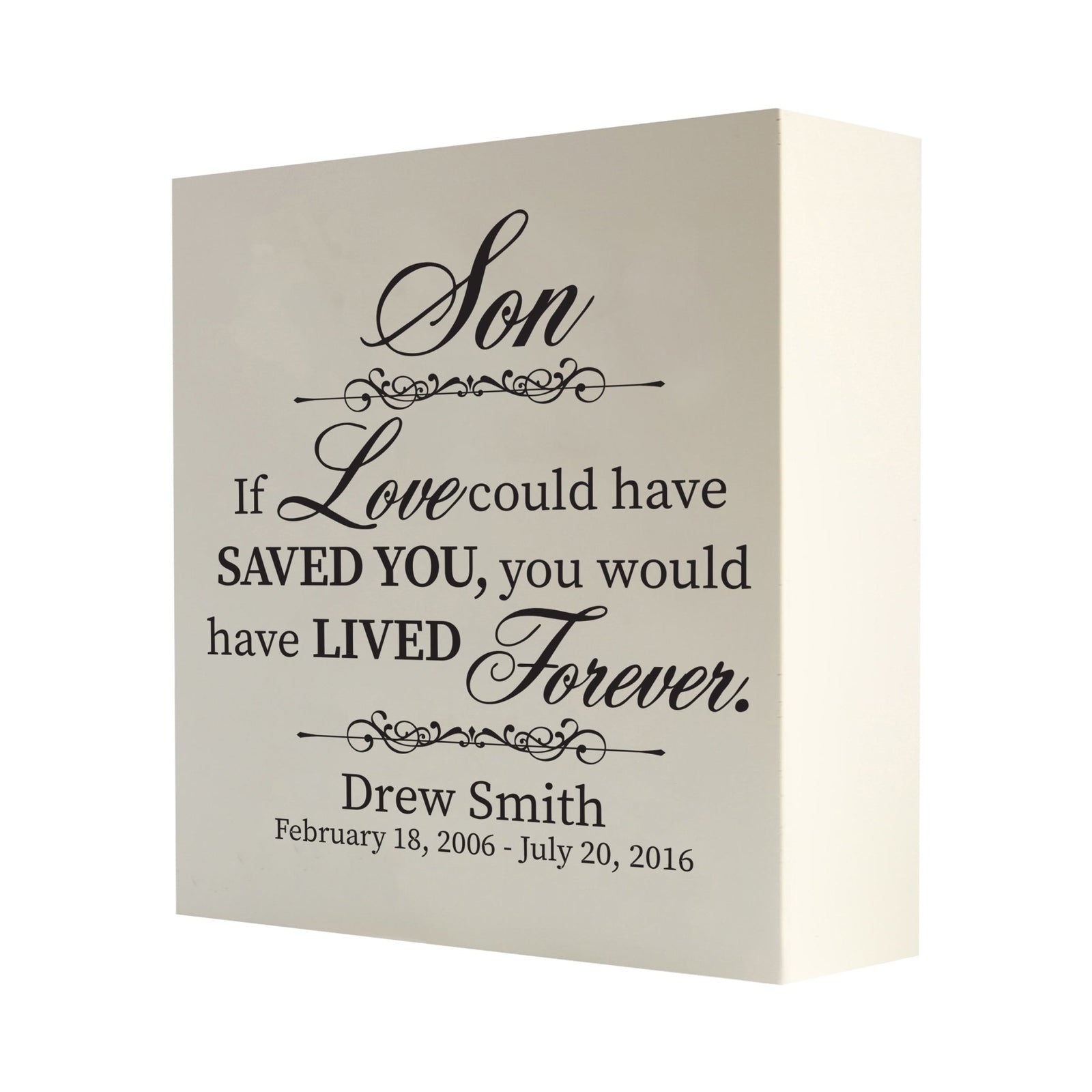 Detailed view of a sleek wooden shadow box urn for human ashes adult, memorializing a son with a heartfelt quote in elegant white script, ideal for preserving cherished memories.