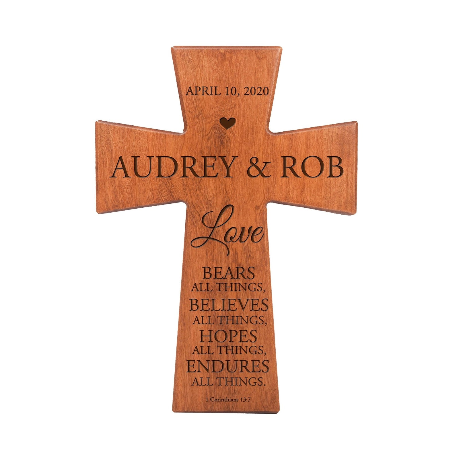 Custom Wall Cross Wedding Gift 12” x 17” x 0.5” - Love bears all things, believes all things (Script) - LifeSong Milestones