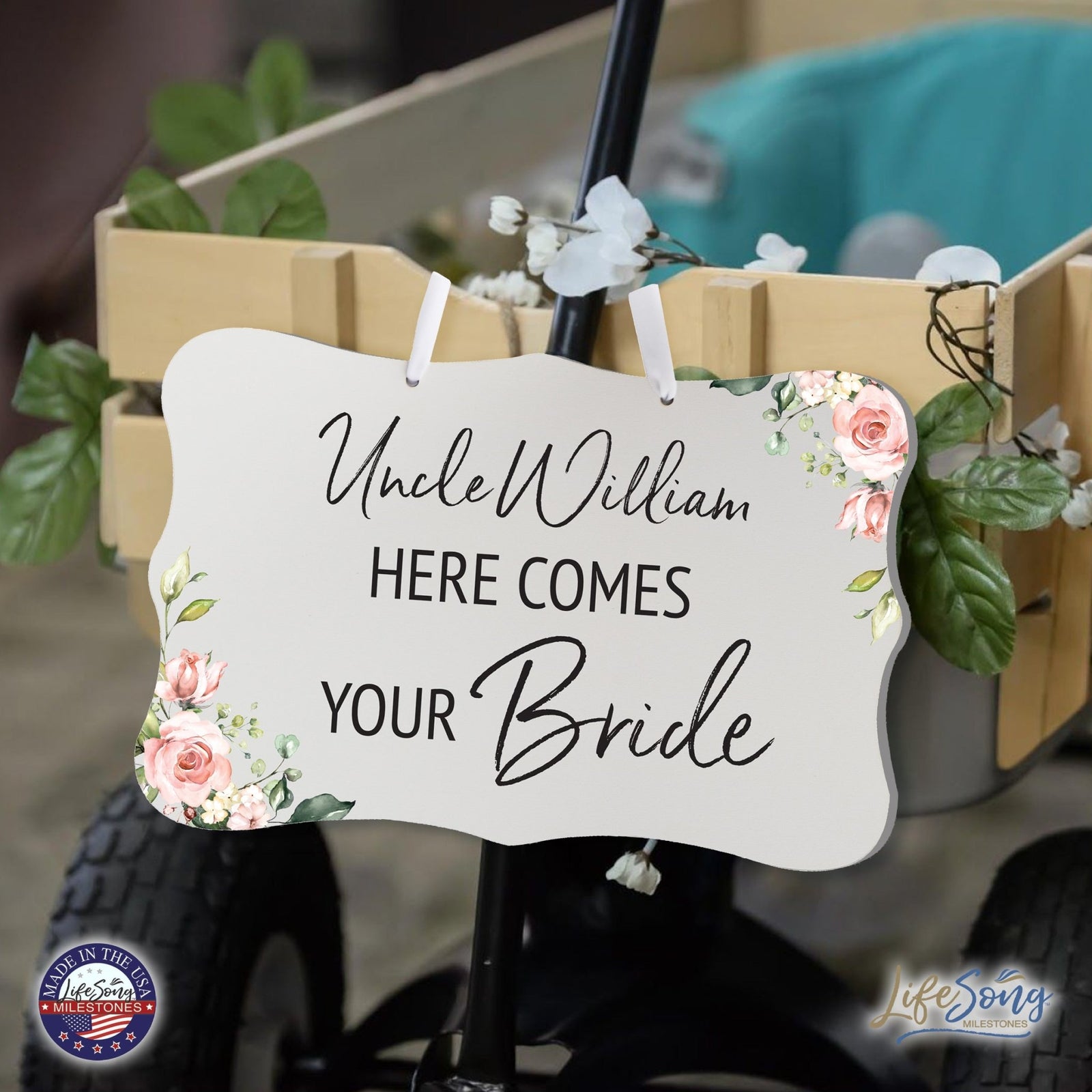 Custom Wedding Wall Hanging Signs For Ceremony And Reception For Couple - Here Comes the Bride (Flower) - LifeSong Milestones