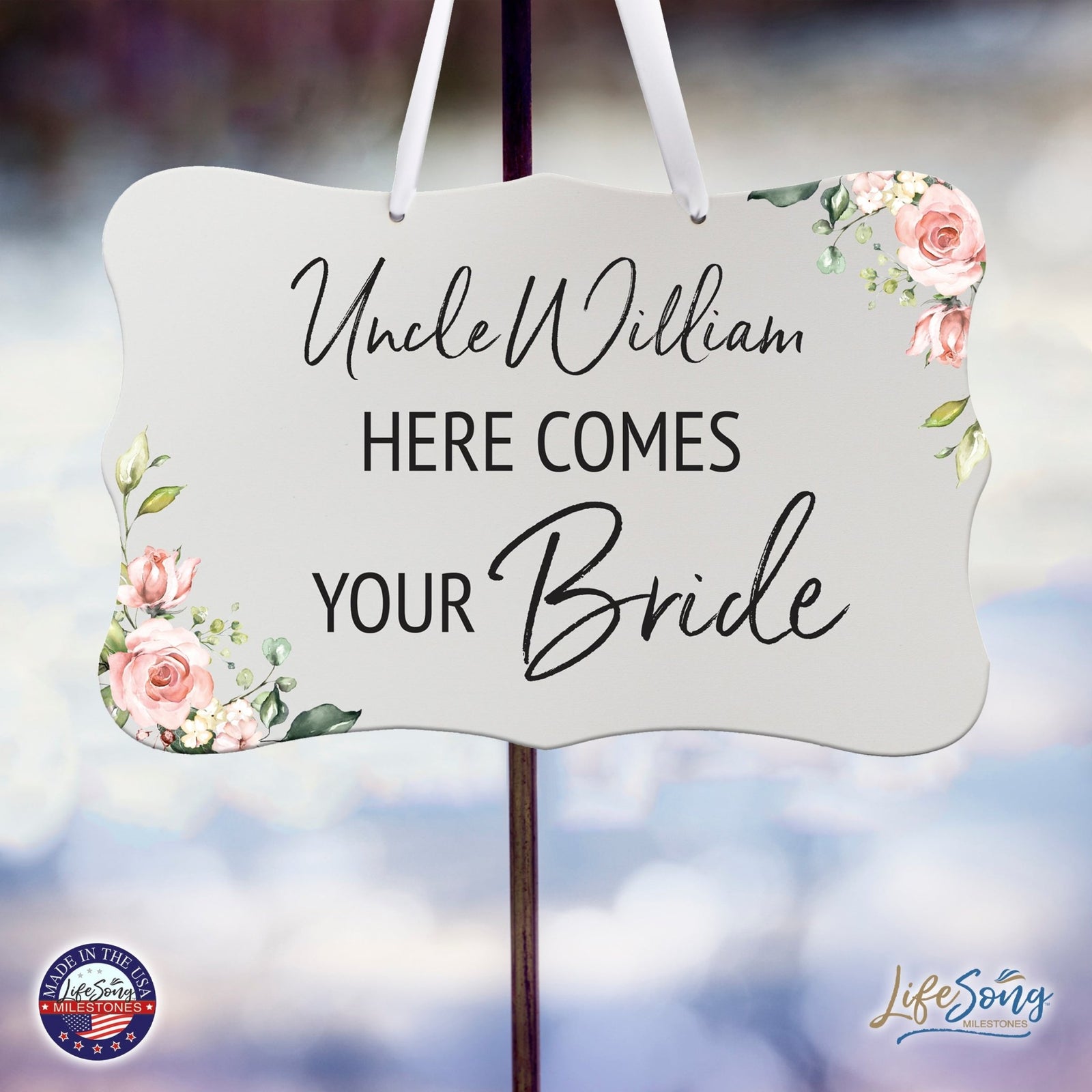 Custom Wedding Wall Hanging Signs For Ceremony And Reception For Couple - Here Comes the Bride (Flower) - LifeSong Milestones