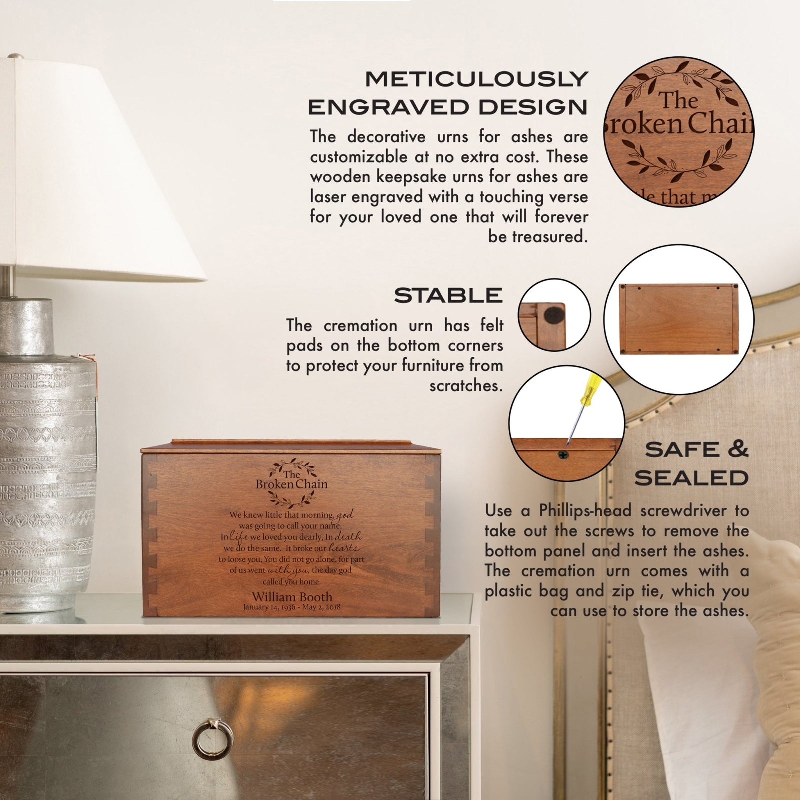 Custom Wooden Cremation Urn Box Extra Large for Human Ashes holds 473 cu in The Broken Chain - LifeSong Milestones