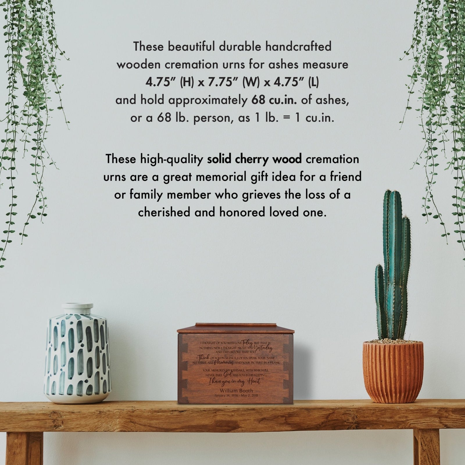 Custom Wooden Cremation Urn Box Small for Human Ashes holds 68 cu in I Thought Of You - LifeSong Milestones