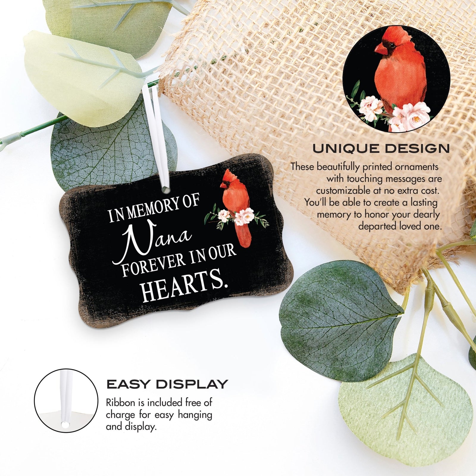 Custom Wooden Memorial Cardinal Ribbon Scalloped Ornament for Loss of Loved One - In Memory Of Nana - LifeSong Milestones