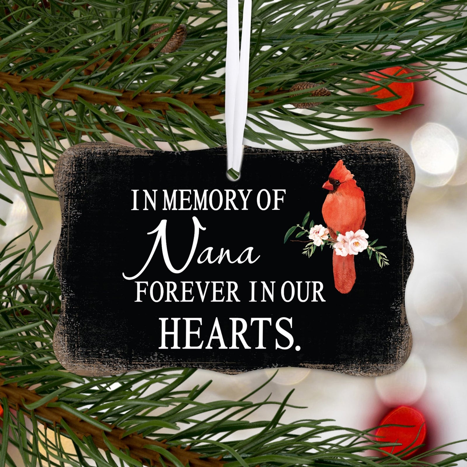 Custom Wooden Memorial Cardinal Ribbon Scalloped Ornament for Loss of Loved One - In Memory Of Nana - LifeSong Milestones