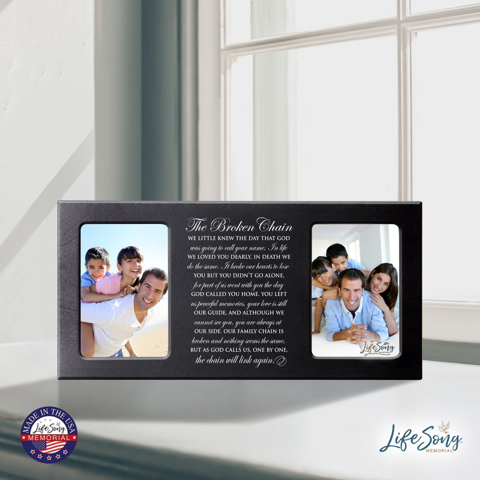 Custom Wooden Memorial Double Picture Frame holds 2-4x6 photo - Broken Chain - LifeSong Milestones