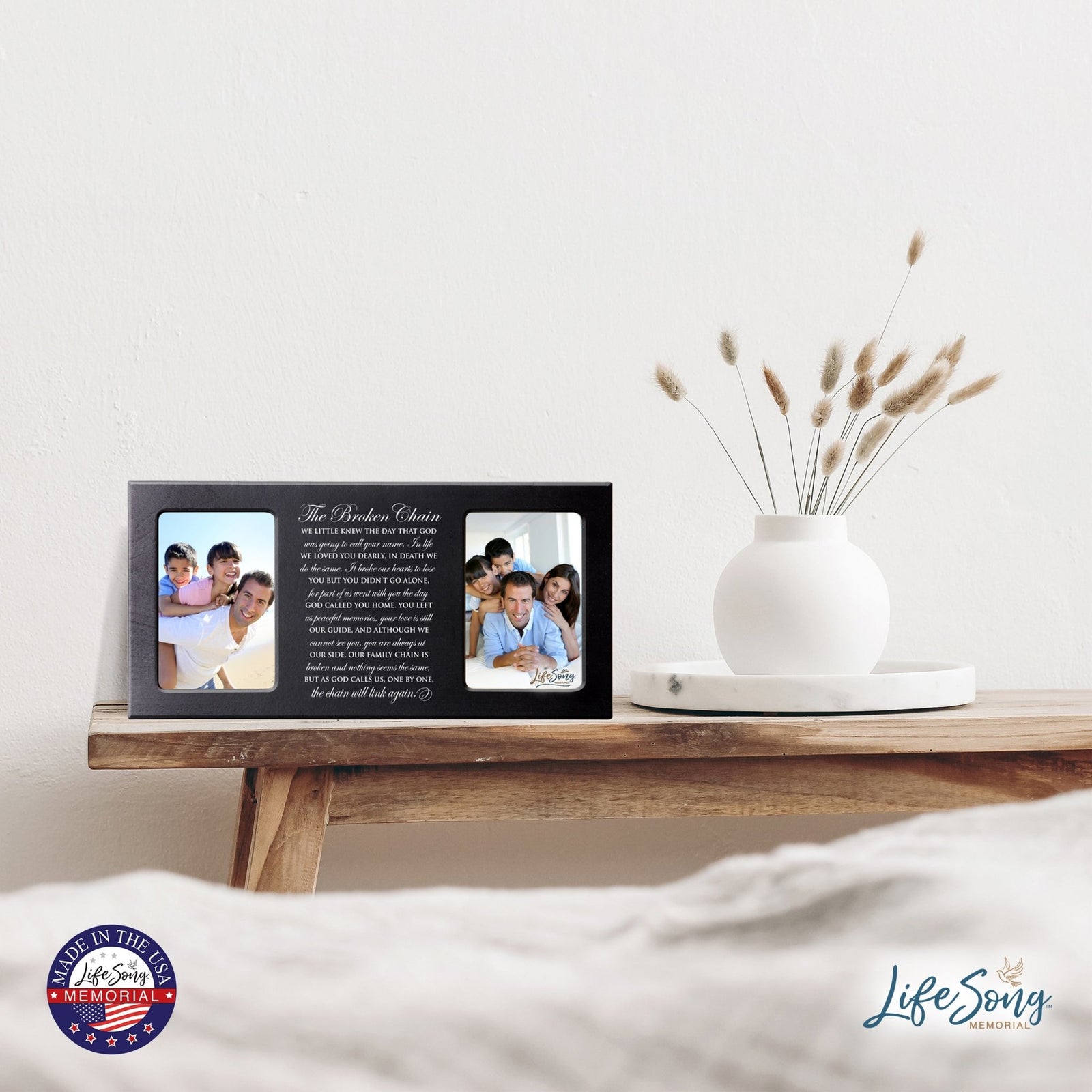 Custom Wooden Memorial Double Picture Frame holds 2-4x6 photo - Broken Chain - LifeSong Milestones