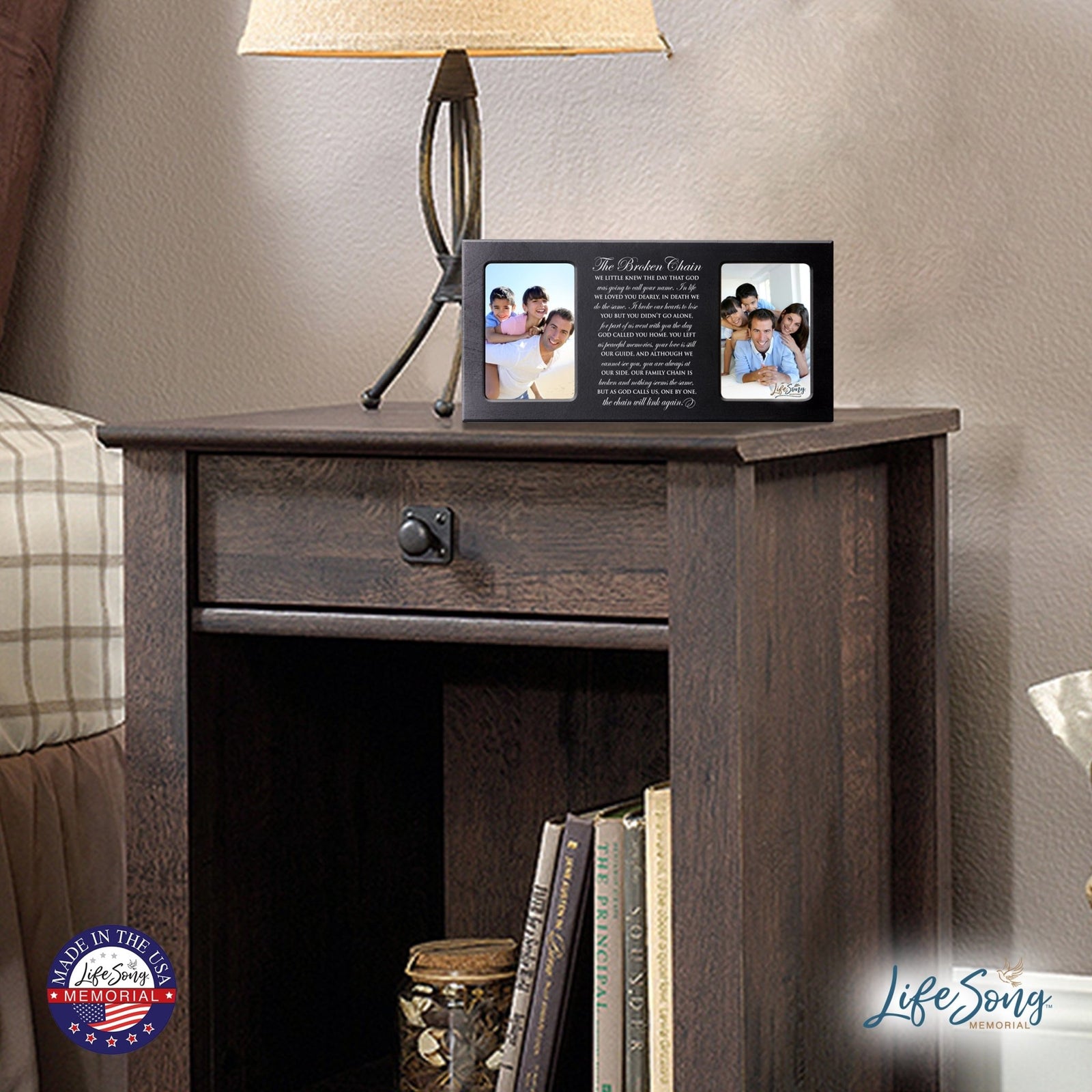 Custom Wooden Memorial Double Picture Frame holds 2-4x6 photo - Broken Chain - LifeSong Milestones