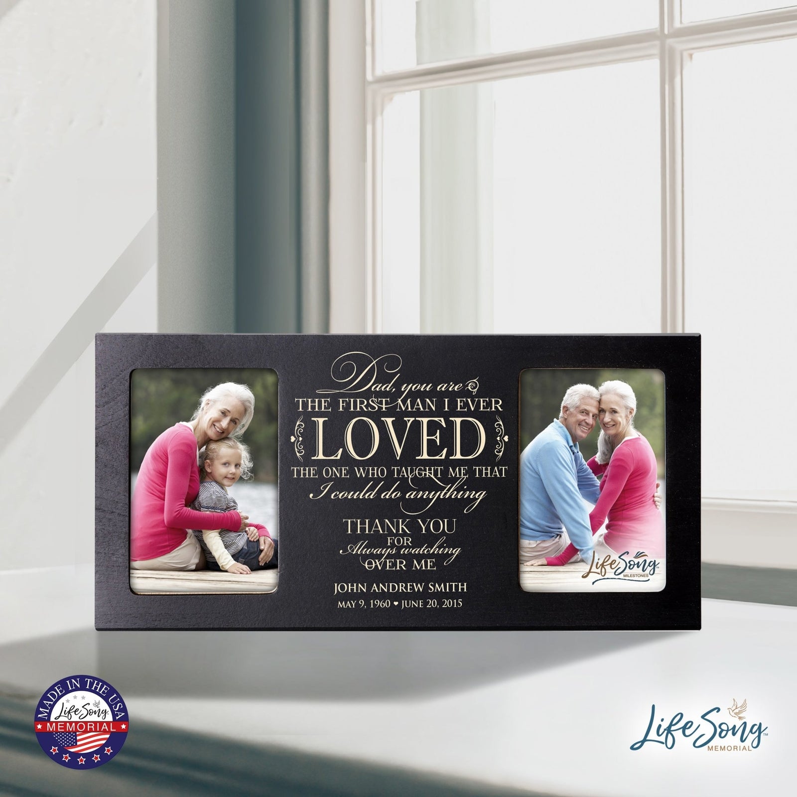 Custom Wooden Memorial Double Picture Frame holds 2-4x6 photo - First Man I Ever Loved - LifeSong Milestones