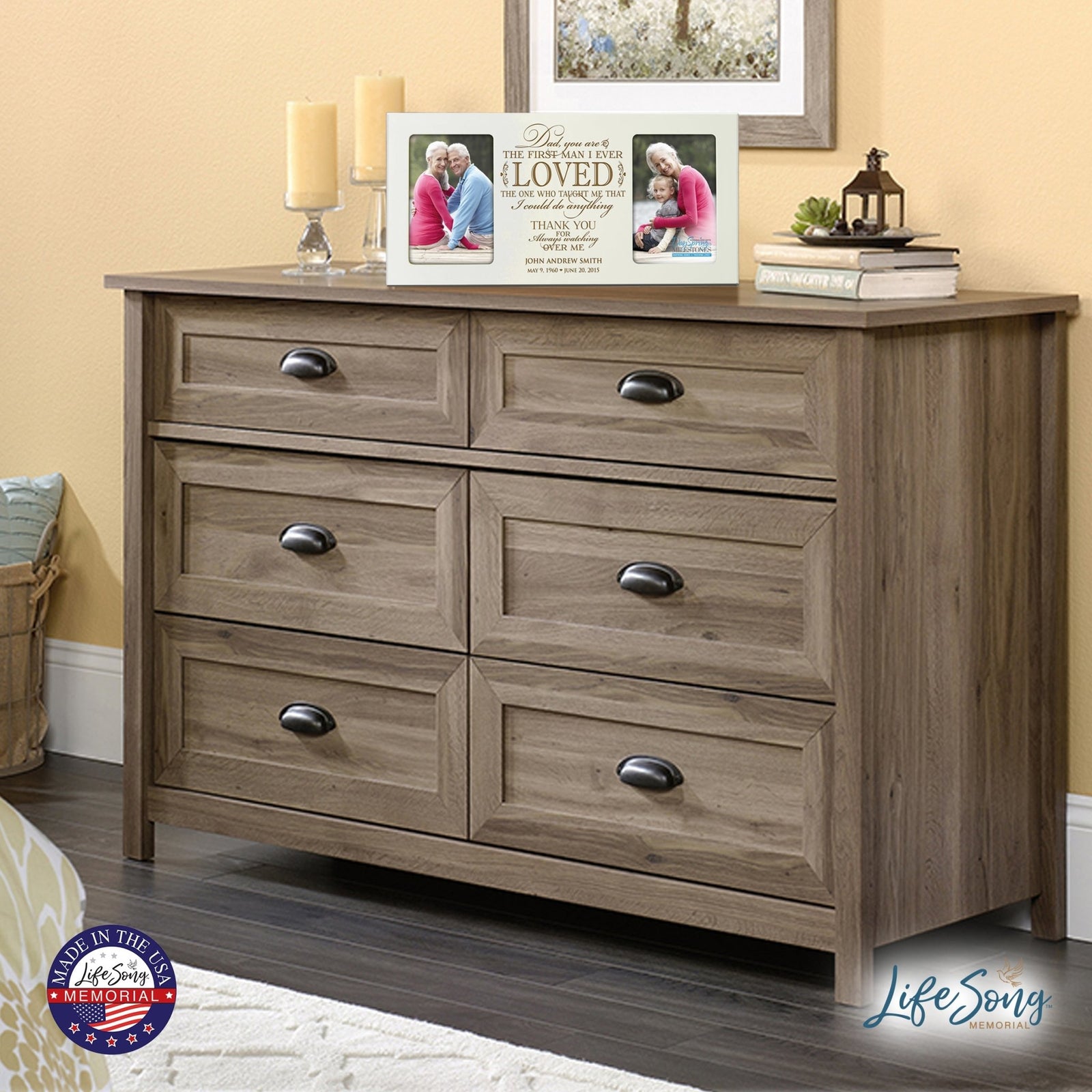 Custom Wooden Memorial Double Picture Frame holds 2-4x6 photo - First Man I Ever Loved - LifeSong Milestones