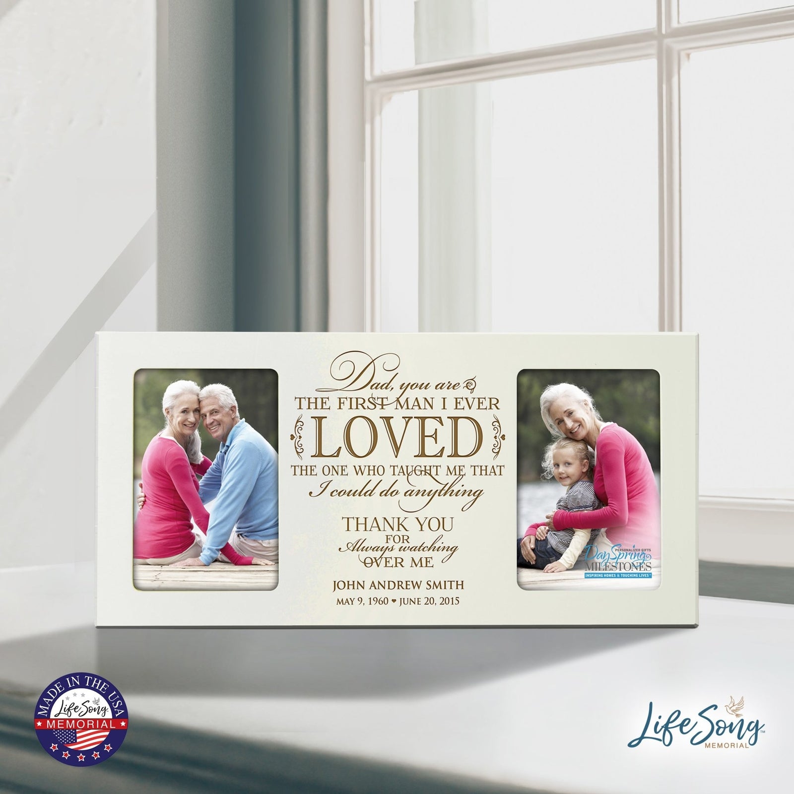 Custom Wooden Memorial Double Picture Frame holds 2-4x6 photo - First Man I Ever Loved - LifeSong Milestones