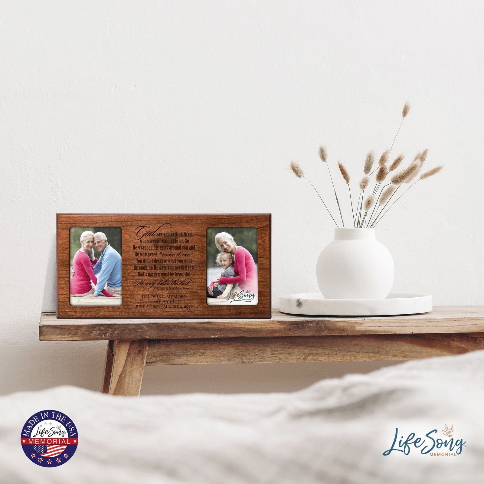 Custom Wooden Memorial Double Picture Frame holds 2-4x6 photo - God saw you - LifeSong Milestones