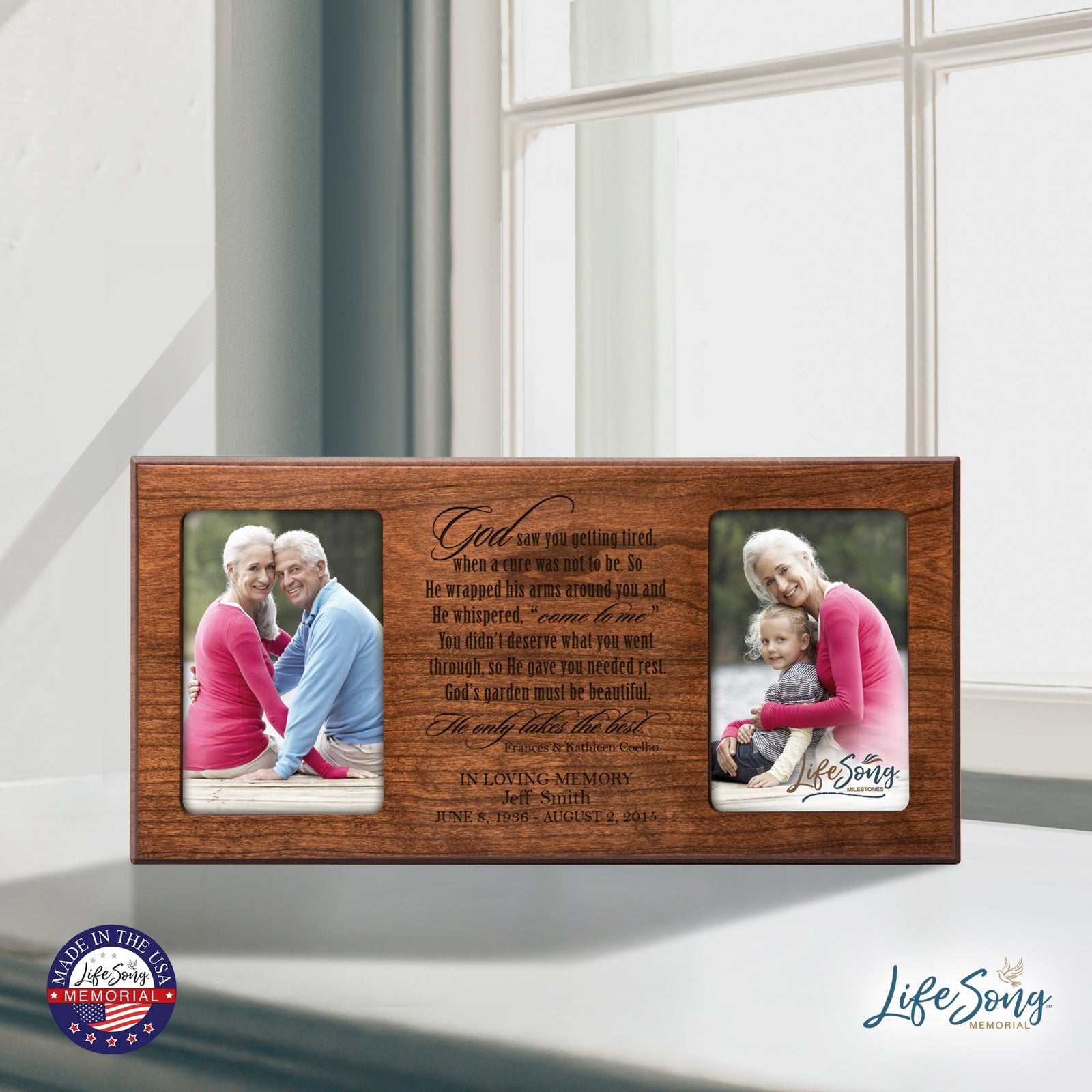 Custom Wooden Memorial Double Picture Frame holds 2-4x6 photo - God saw you - LifeSong Milestones