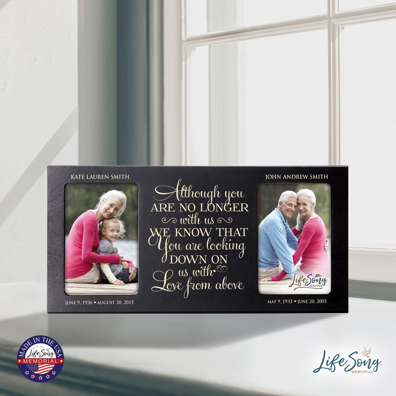 Custom Wooden Memorial Double Picture Frame holds 2-4x6 photo - No Longer With Us - LifeSong Milestones
