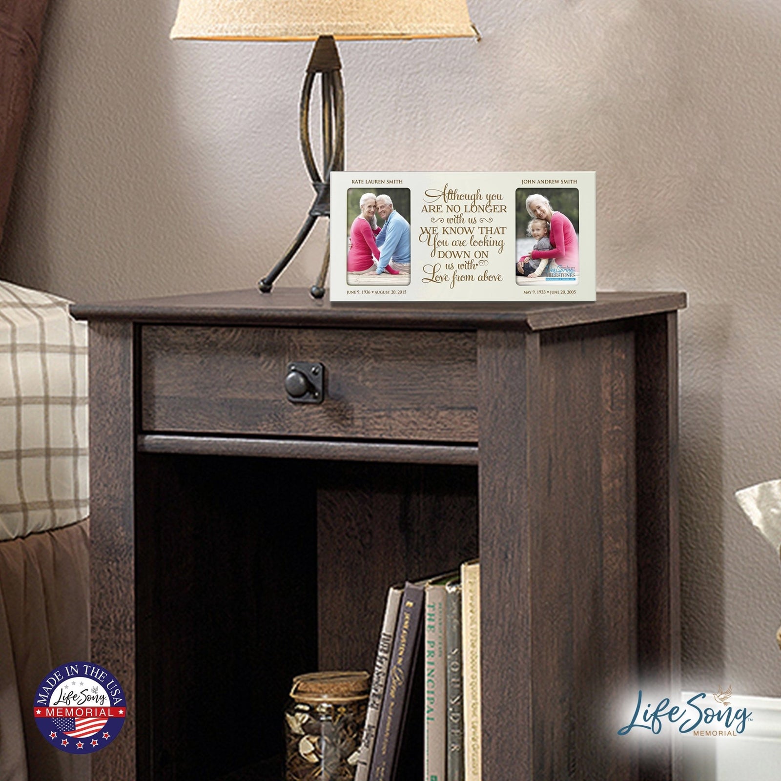 Custom Wooden Memorial Double Picture Frame holds 2-4x6 photo - No Longer With Us - LifeSong Milestones