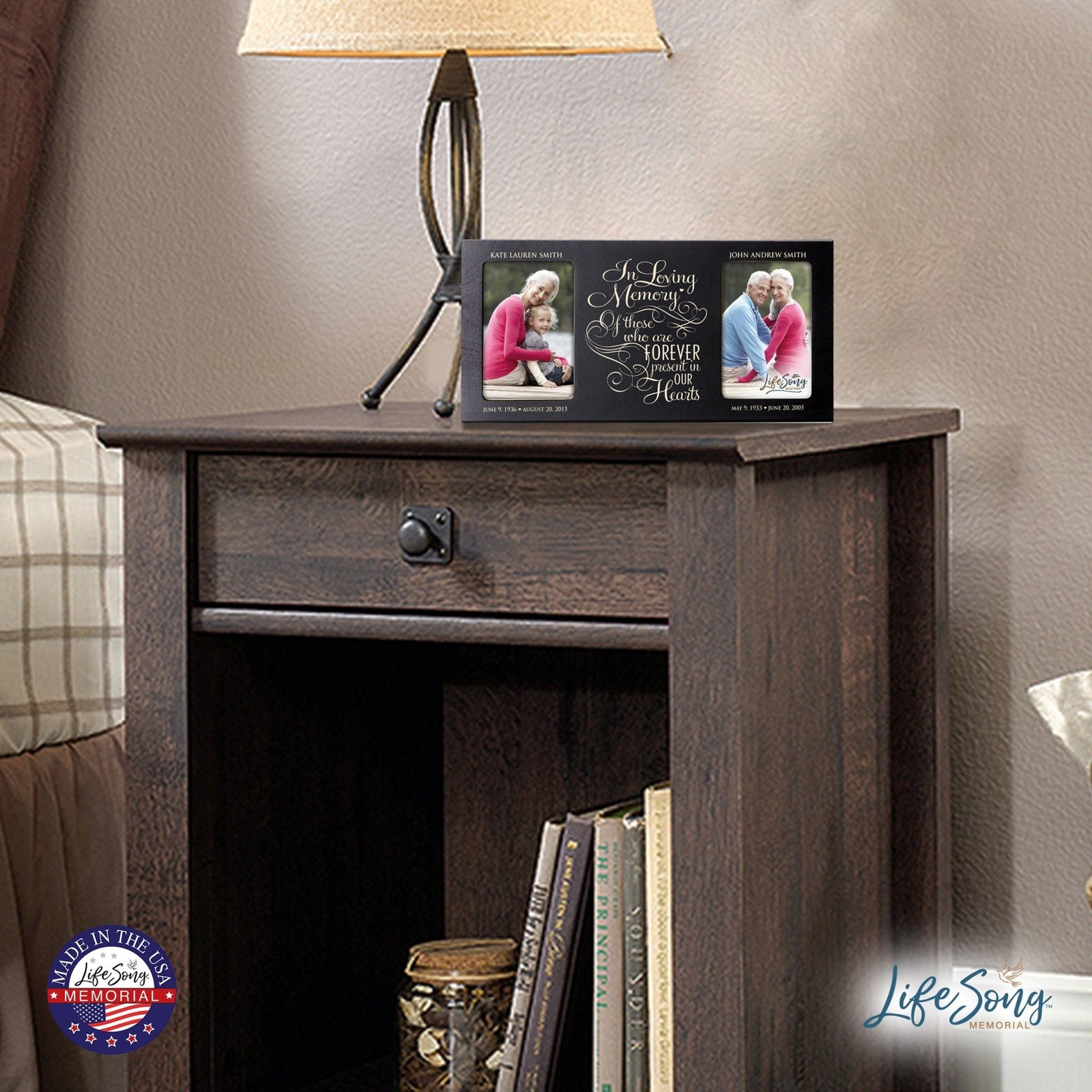 Custom Wooden Memorial Double Picture Frame holds 2-4x6 photo - Present In Our Hearts - LifeSong Milestones
