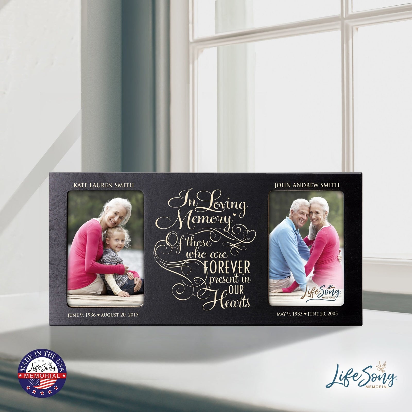 Custom Wooden Memorial Double Picture Frame holds 2-4x6 photo - Present In Our Hearts - LifeSong Milestones