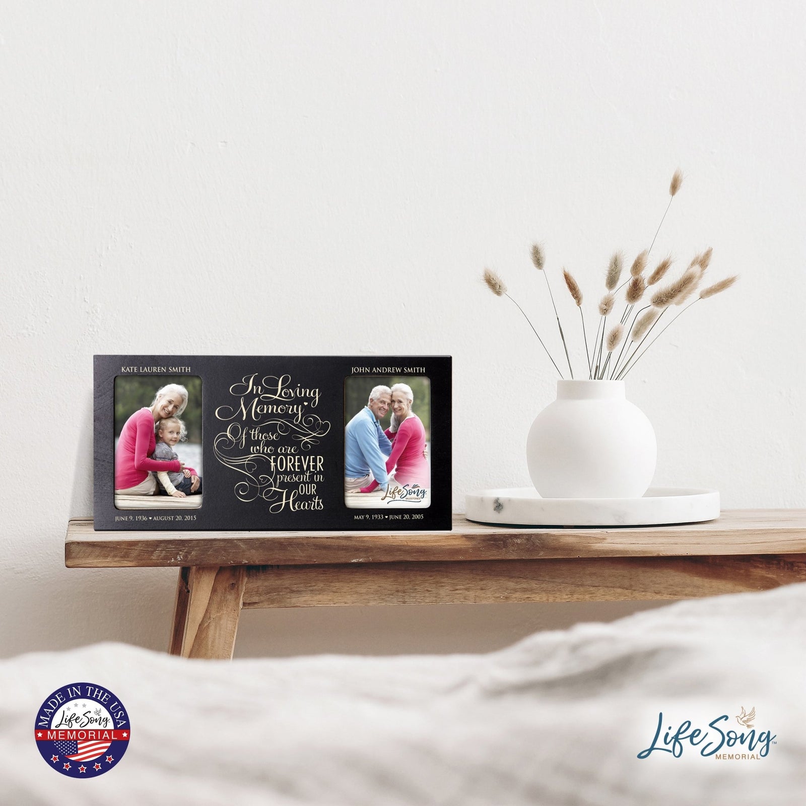 Custom Wooden Memorial Double Picture Frame holds 2-4x6 photo - Present In Our Hearts - LifeSong Milestones