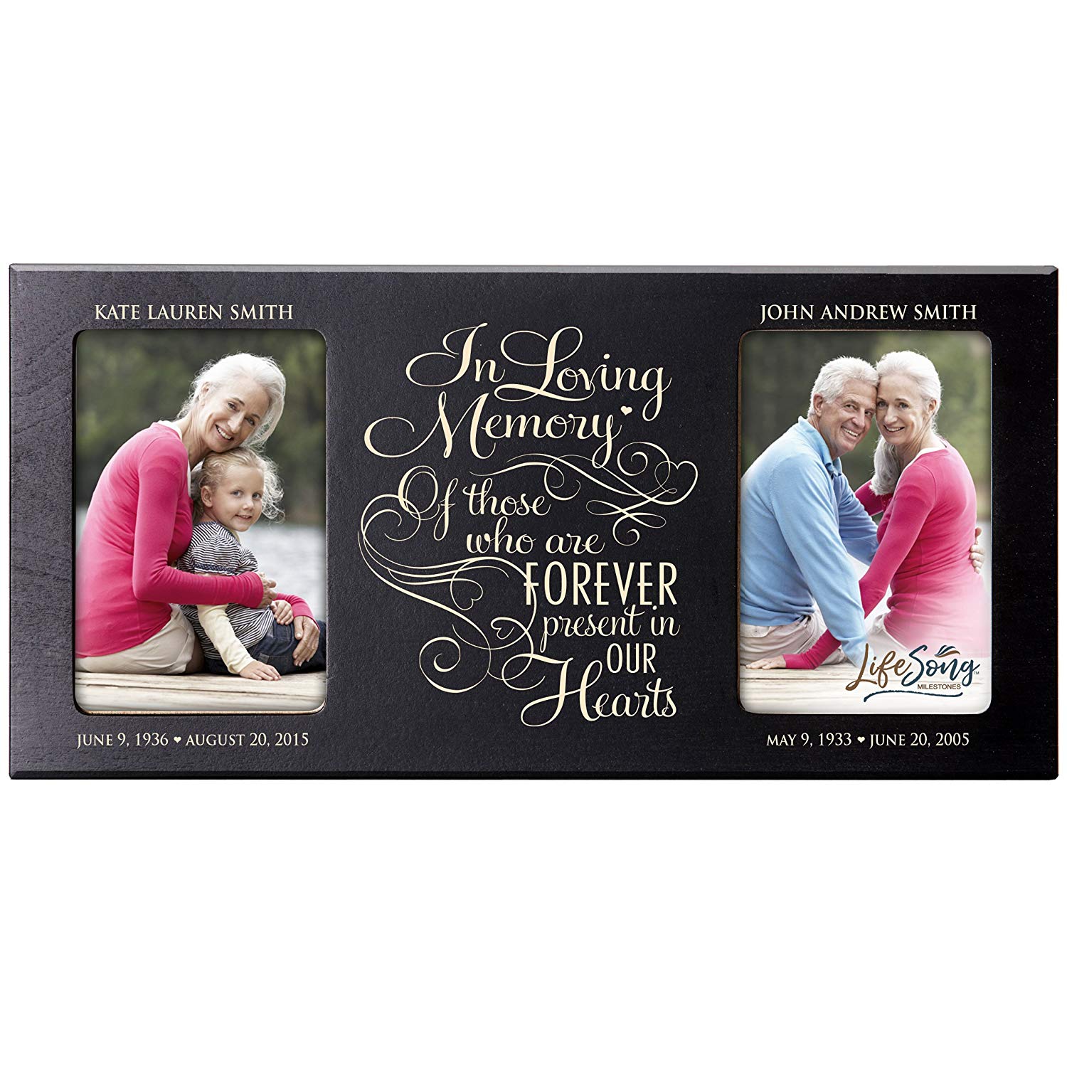 Custom Wooden Memorial Double Picture Frame holds 2-4x6 photo - Present In Our Hearts - LifeSong Milestones