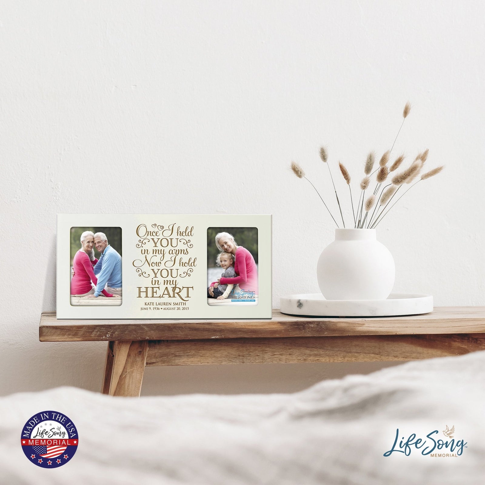 Custom Wooden Memorial Double Picture Frame holds 2-4x6 photo - Present In Our Hearts - LifeSong Milestones