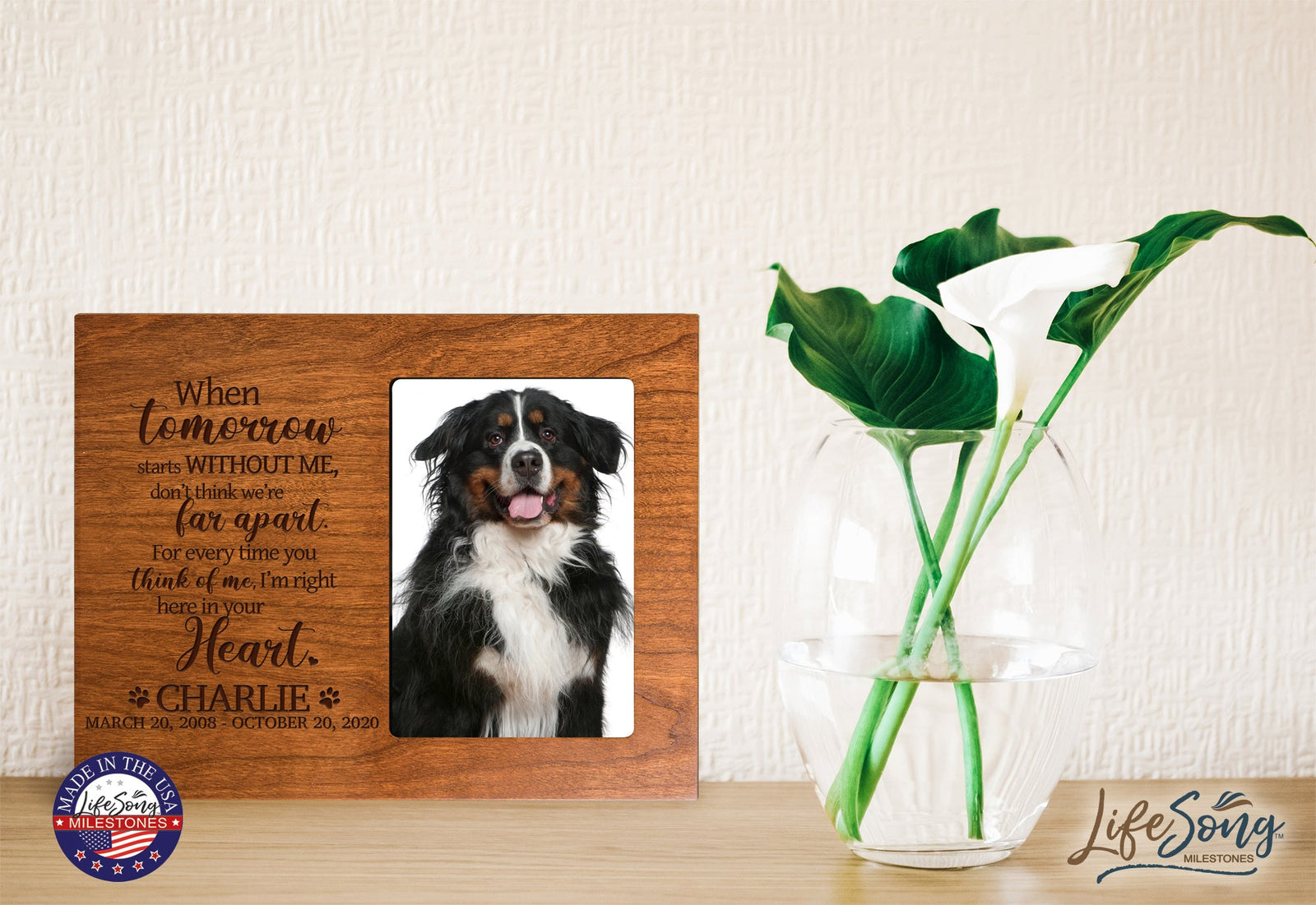Custom Wooden Pet Memorial 8x10 Picture Frame holds 4x6 photo When Tomorrow Starts - LifeSong Milestones