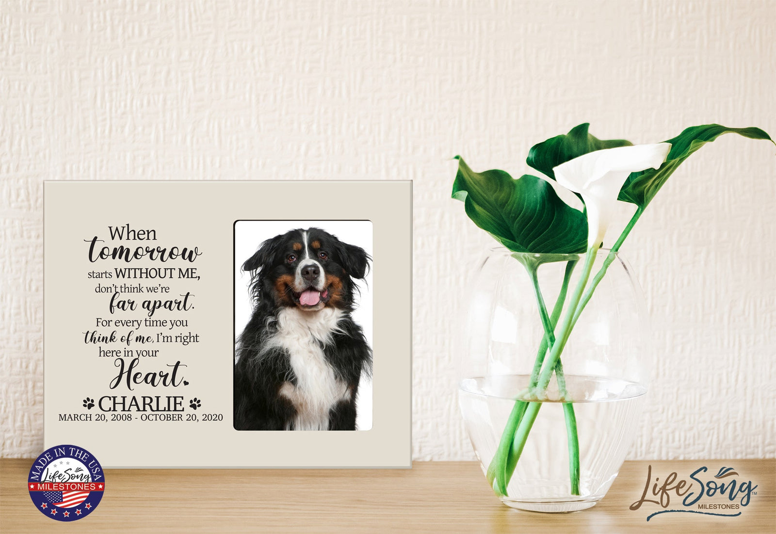 Custom Wooden Pet Memorial 8x10 Picture Frame holds 4x6 photo When Tomorrow Starts - LifeSong Milestones