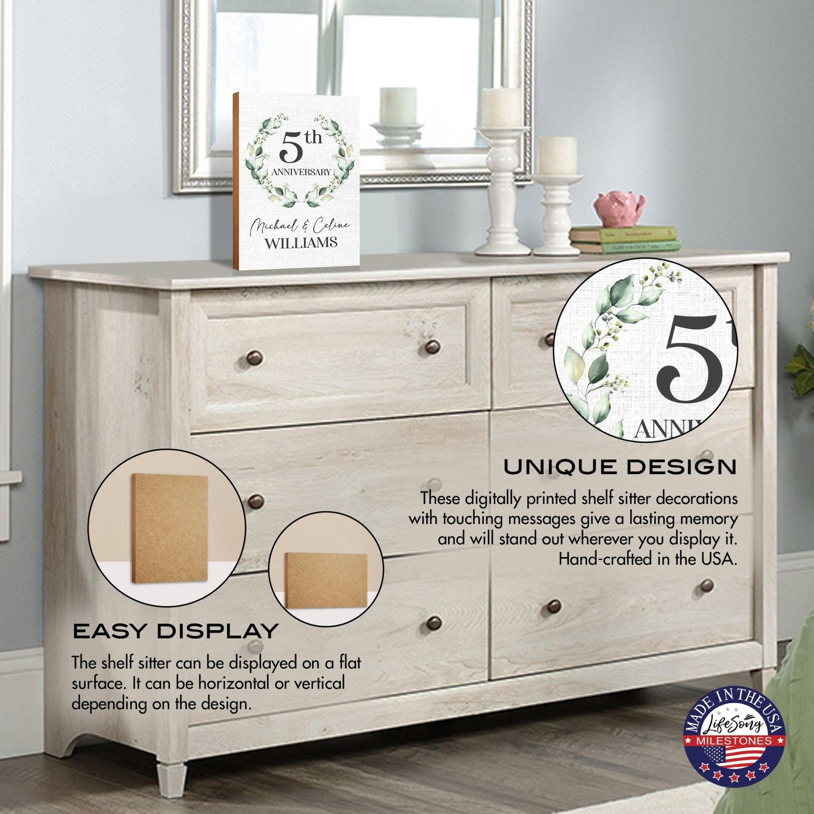 Custom Wooden Shelf Décor and Tabletop Signs for Wedding Anniversary - LifeSong Milestones