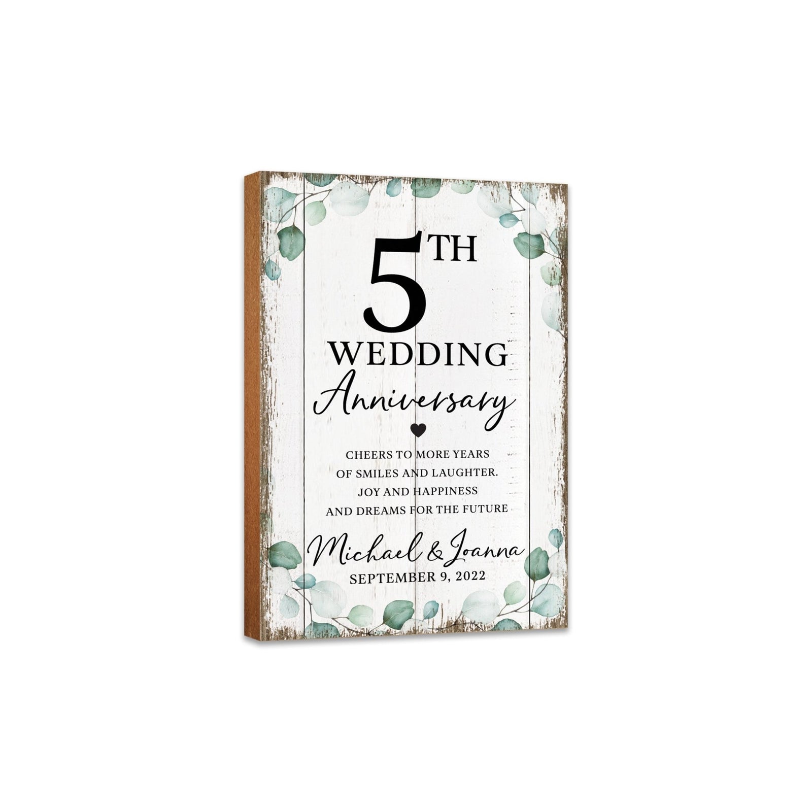 Personalized 5th Wedding Anniversary Unique Shelf Décor - MDF wood signs with digitally printed designs.