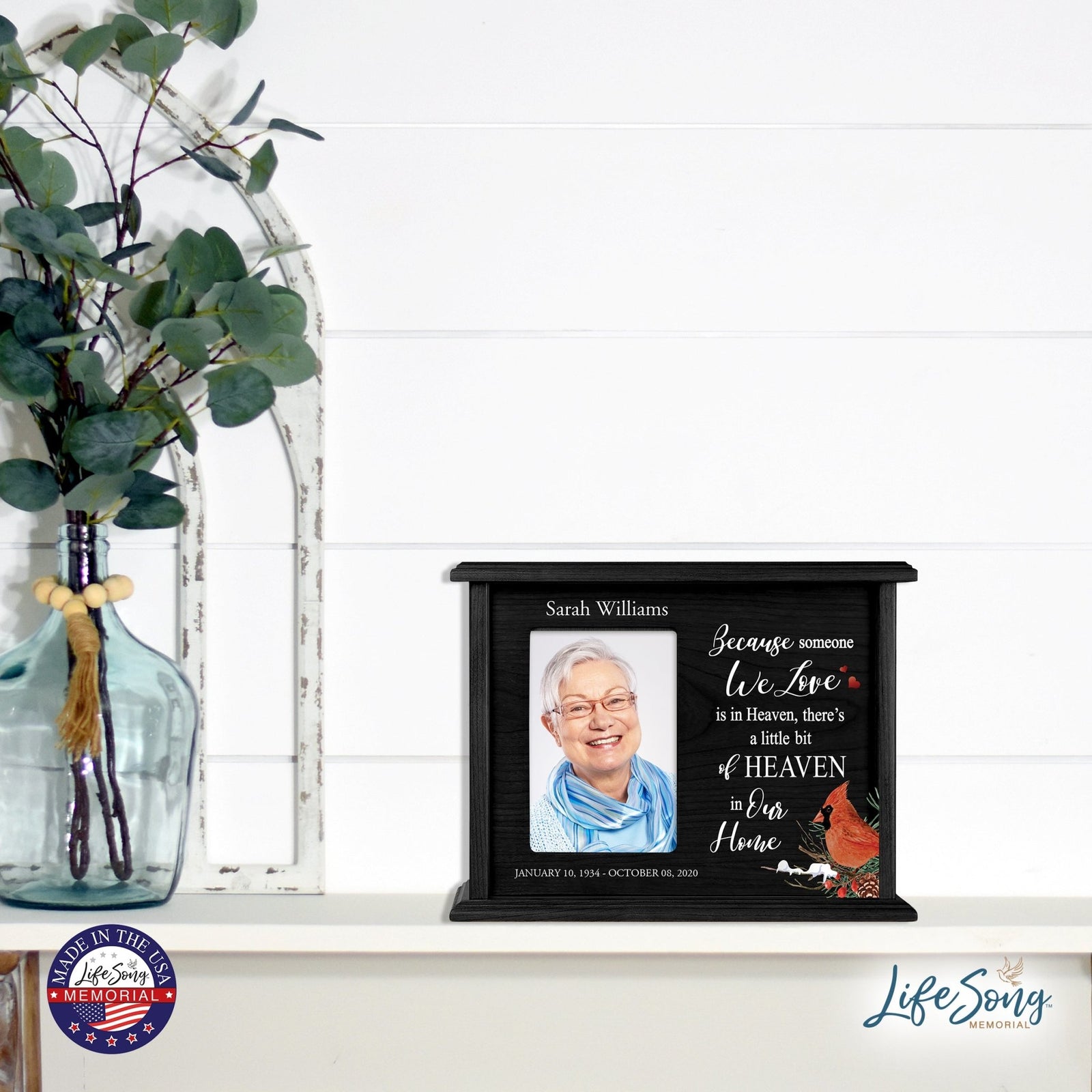 Customized Cardinal Memorial Cremation Urn Wooden Urn Box with 4x6 Photo holds 200 cu in Because Someone We Love - LifeSong Milestones