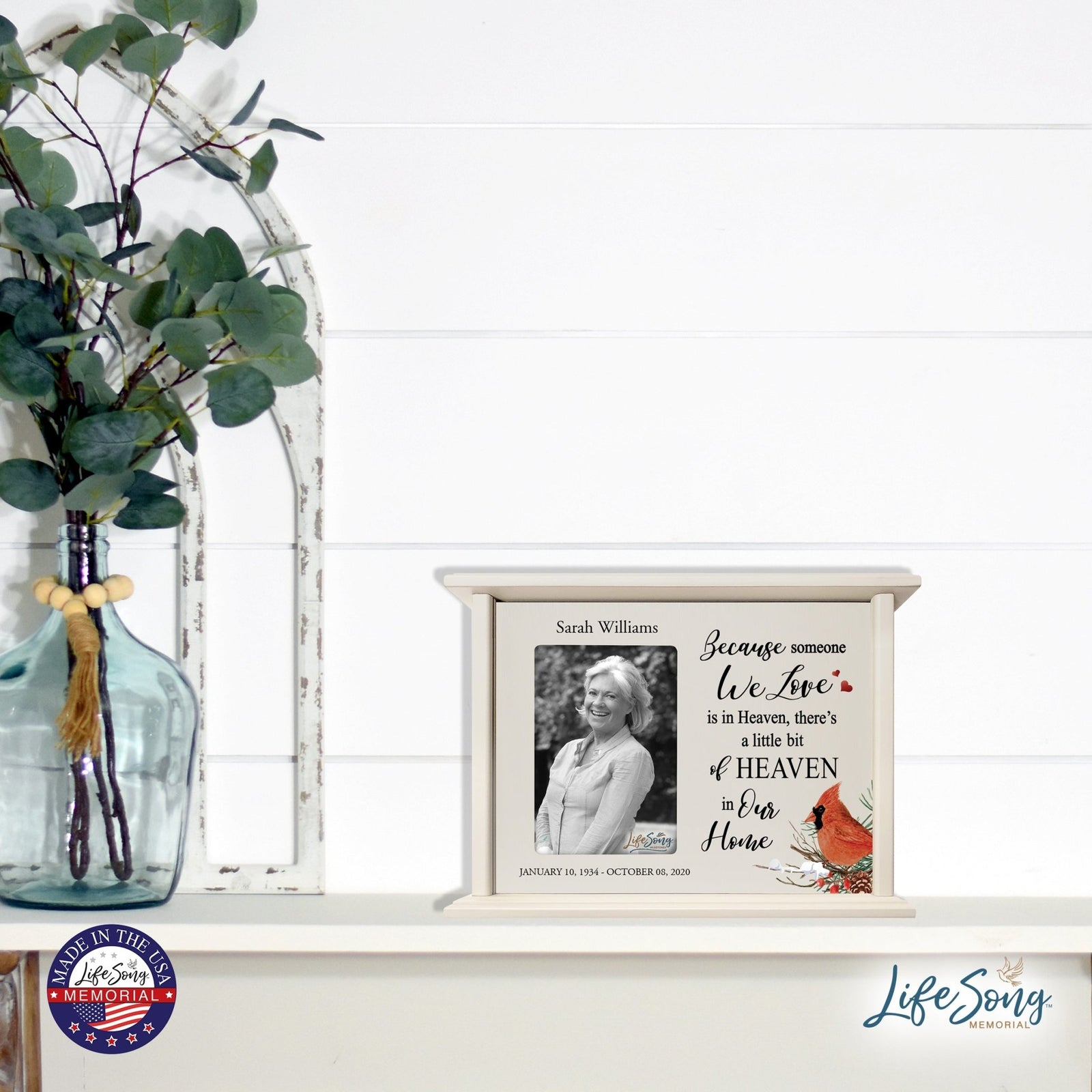 Customized Cardinal Memorial Cremation Urn Wooden Urn Box with 4x6 Photo holds 200 cu in Because Someone We Love - LifeSong Milestones