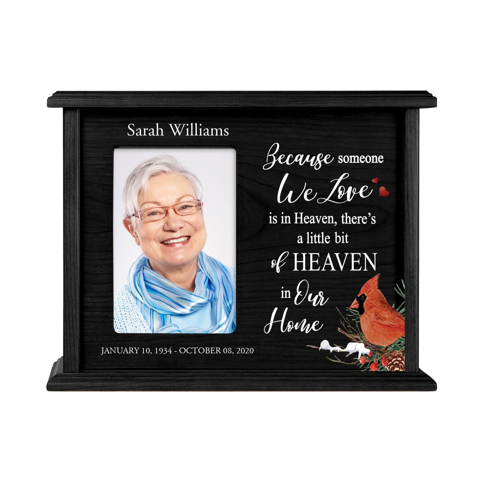 Customized Cardinal Memorial Cremation Urn Wooden Urn Box with 4x6 Photo holds 200 cu in Because Someone We Love - LifeSong Milestones