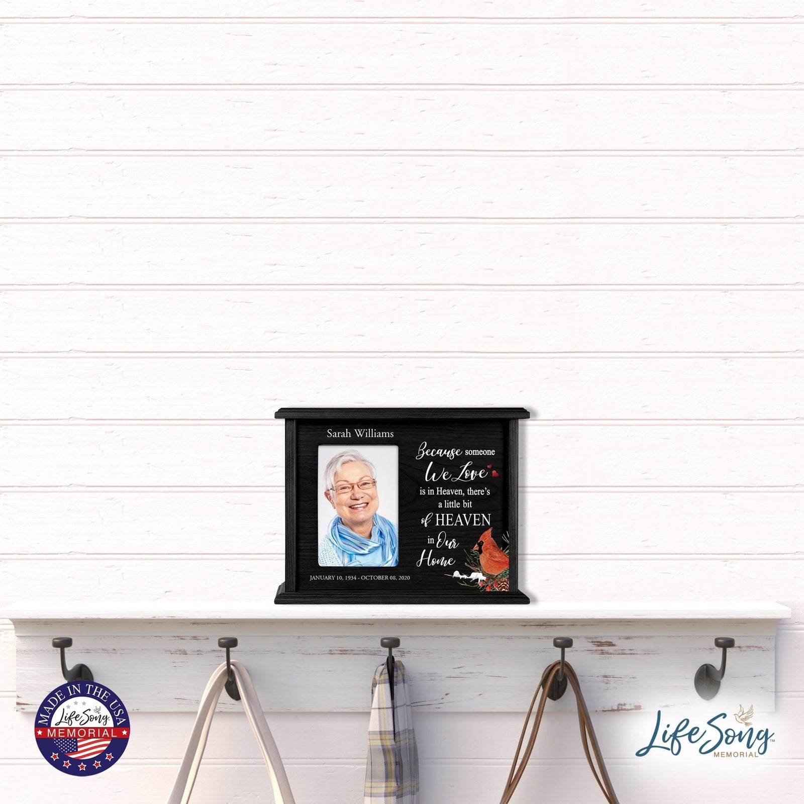 Customized Cardinal Memorial Cremation Urn Wooden Urn Box with 4x6 Photo holds 200 cu in Because Someone We Love - LifeSong Milestones