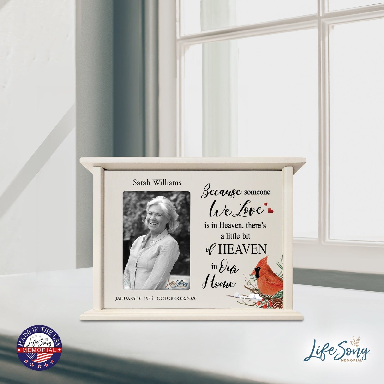 Customized Cardinal Memorial Cremation Urn Wooden Urn Box with 4x6 Photo holds 200 cu in Because Someone We Love - LifeSong Milestones