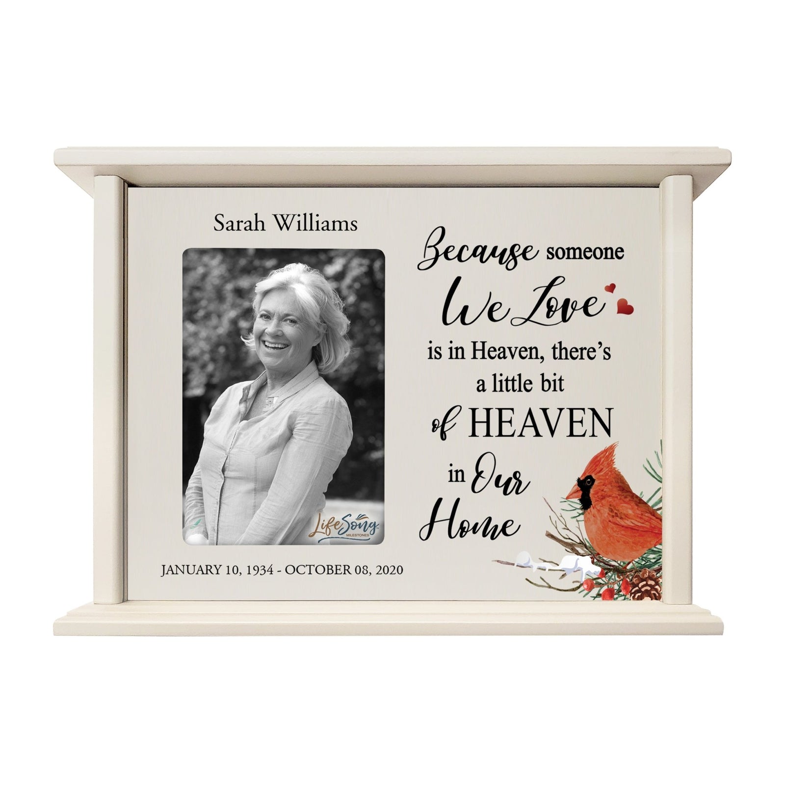 Customized Cardinal Memorial Cremation Urn Wooden Urn Box with 4x6 Photo holds 200 cu in Because Someone We Love - LifeSong Milestones