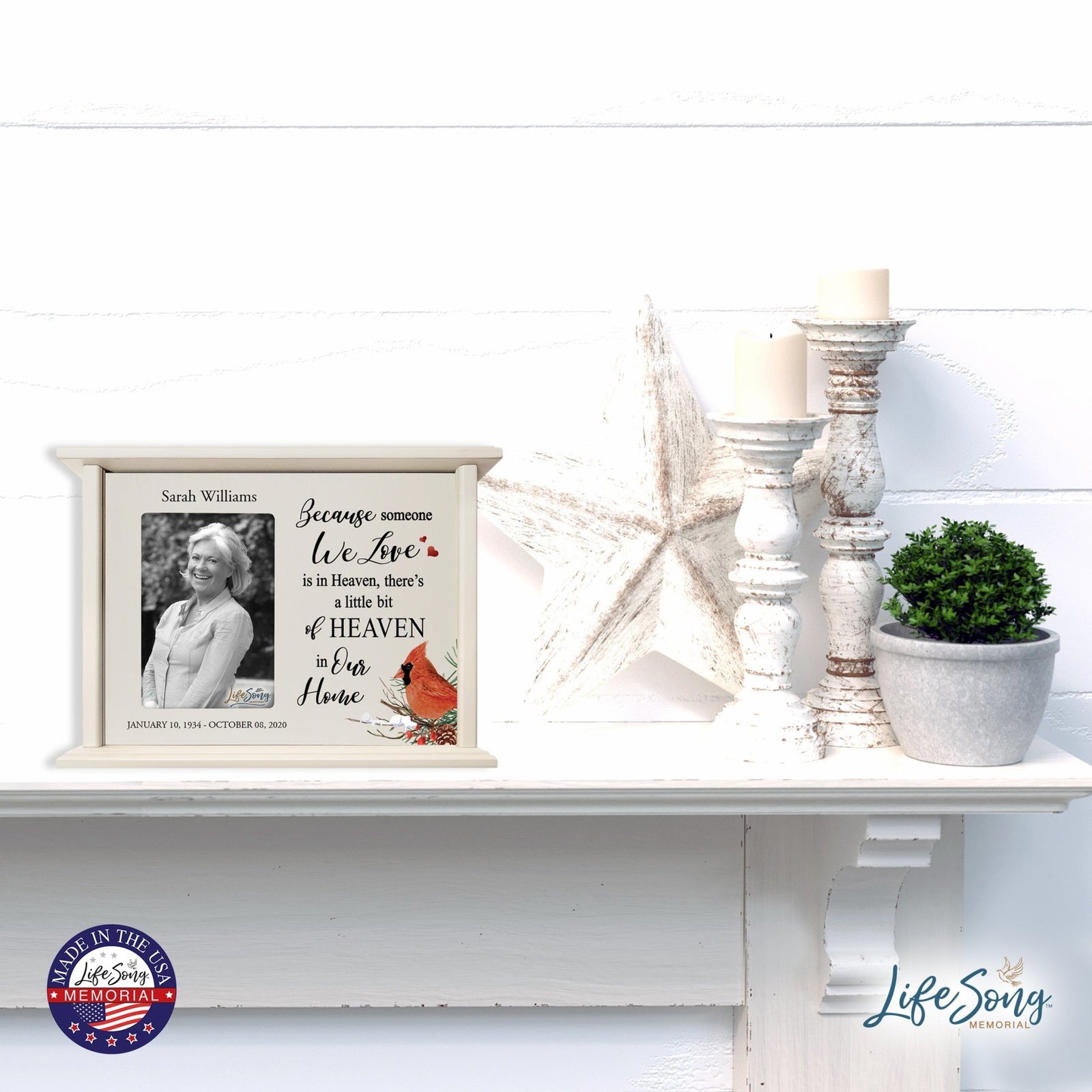 Customized Cardinal Memorial Cremation Urn Wooden Urn Box with 4x6 Photo holds 200 cu in Because Someone We Love - LifeSong Milestones