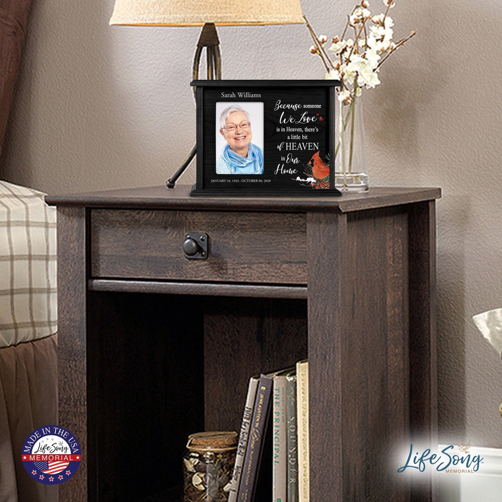 Customized Cardinal Memorial Cremation Urn Wooden Urn Box with 4x6 Photo holds 200 cu in Because Someone We Love - LifeSong Milestones