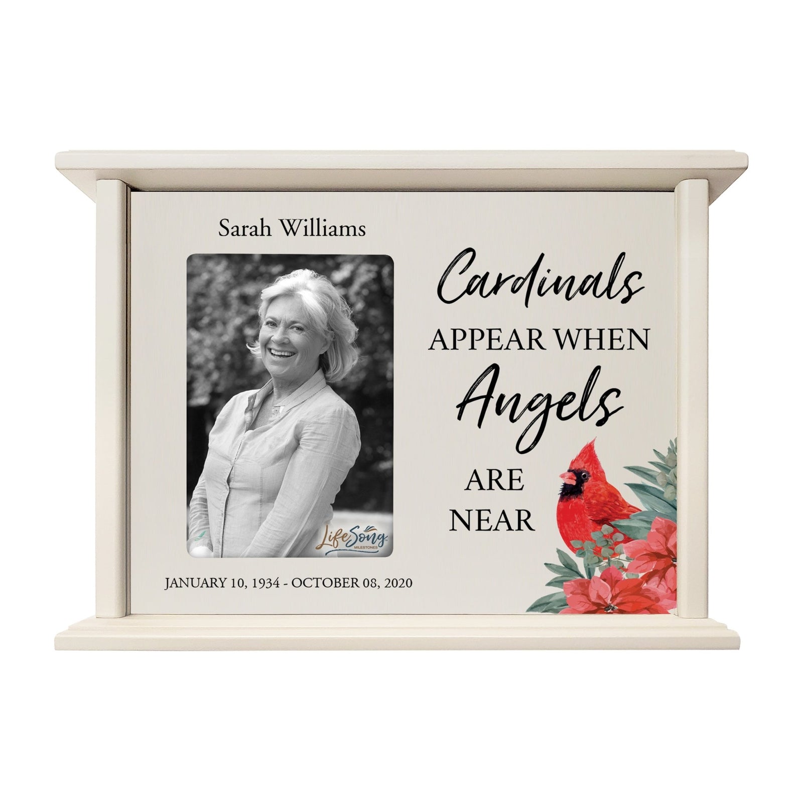 Customized Cardinal Memorial Cremation Urn Wooden Urn Box with 4x6 Photo holds 200 cu in Cardinals Appear When - LifeSong Milestones