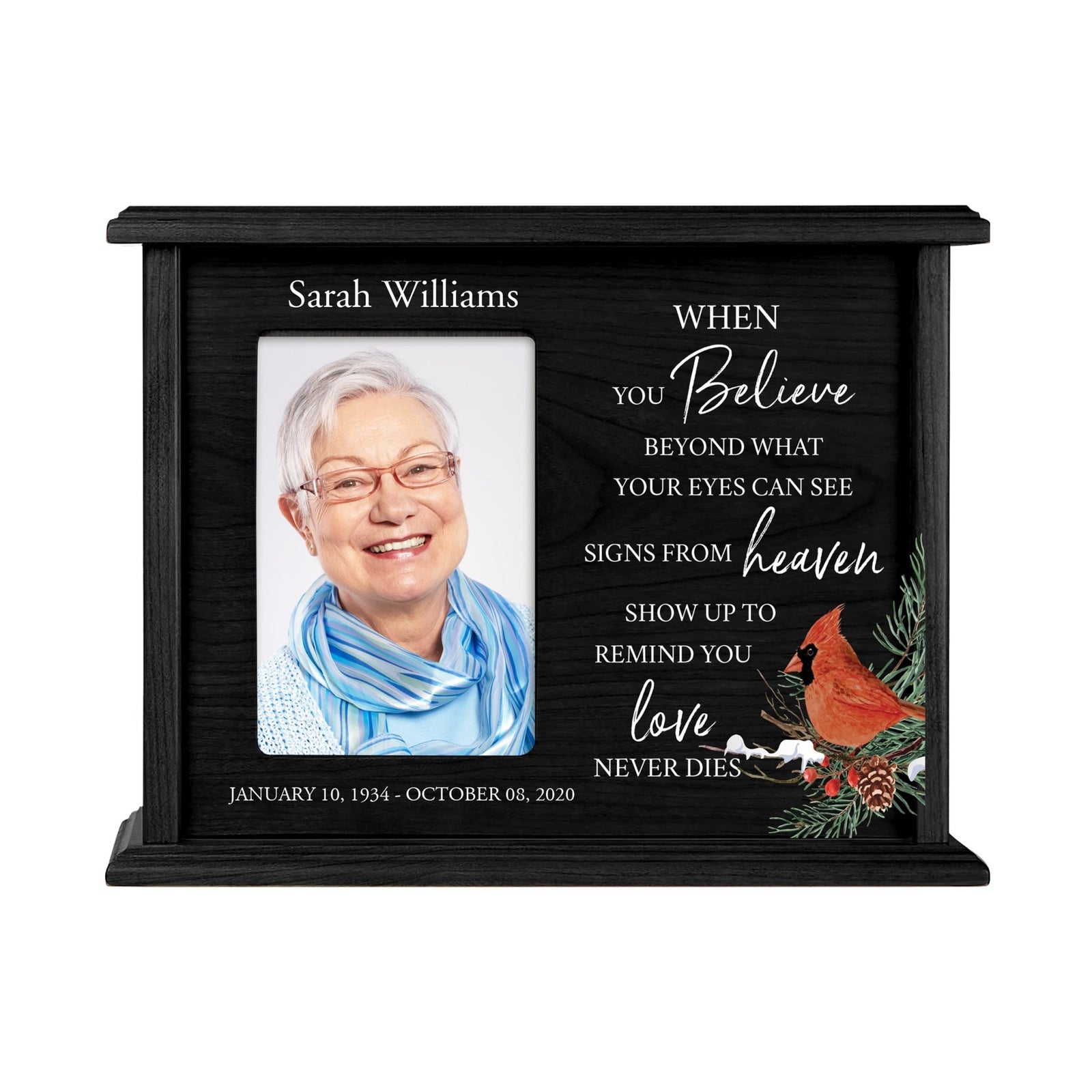 Customized Cardinal Memorial Cremation Urn Wooden Urn Box with 4x6 Photo holds 200 cu in When You Believe - LifeSong Milestones