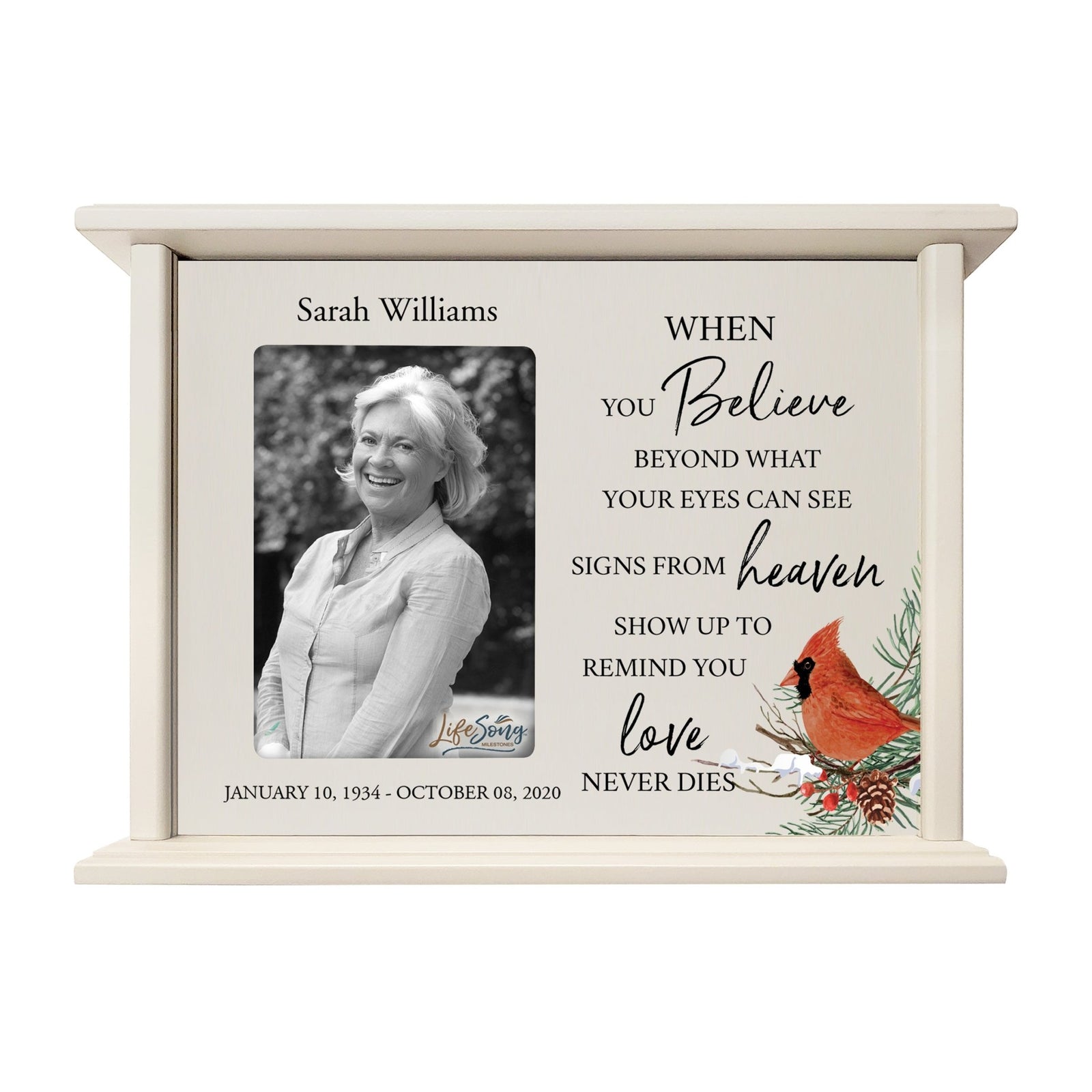 Customized Cardinal Memorial Cremation Urn Wooden Urn Box with 4x6 Photo holds 200 cu in When You Believe - LifeSong Milestones
