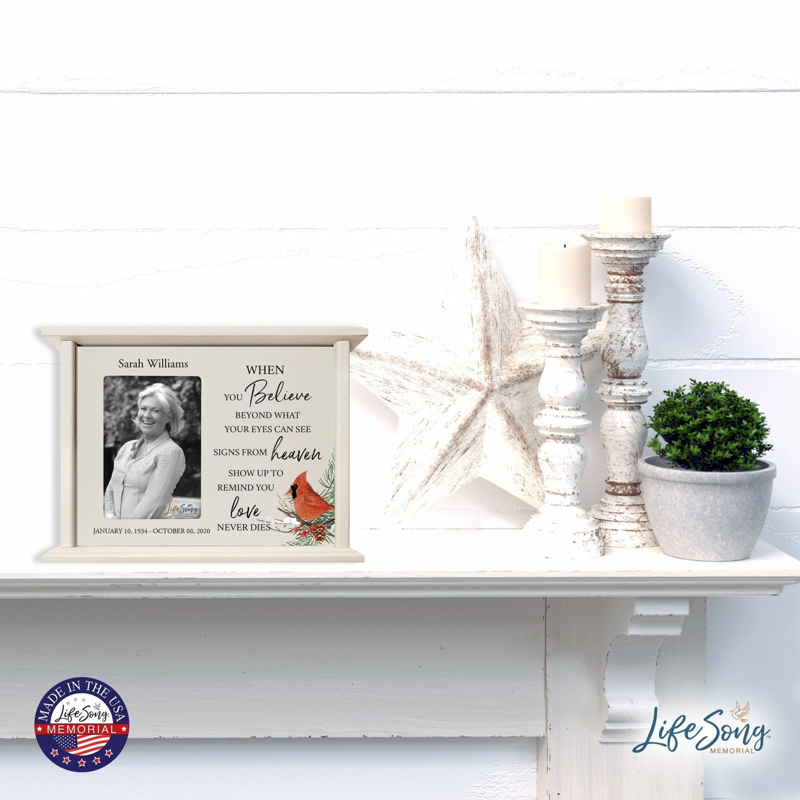 Customized Cardinal Memorial Cremation Urn Wooden Urn Box with 4x6 Photo holds 200 cu in When You Believe - LifeSong Milestones