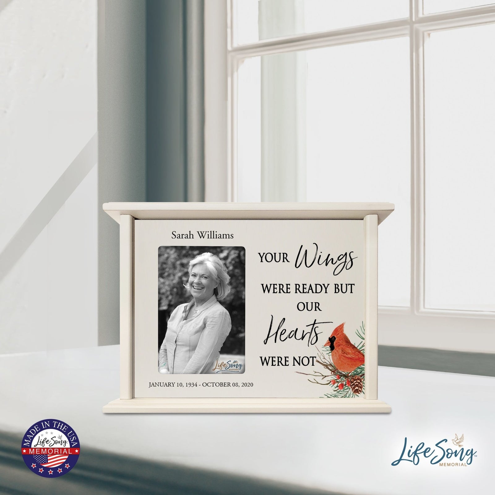 Customized Cardinal Memorial Wooden Cremation Urn Box with 4x6 Photo holds 200 cu in Your Wings Were - LifeSong Milestones
