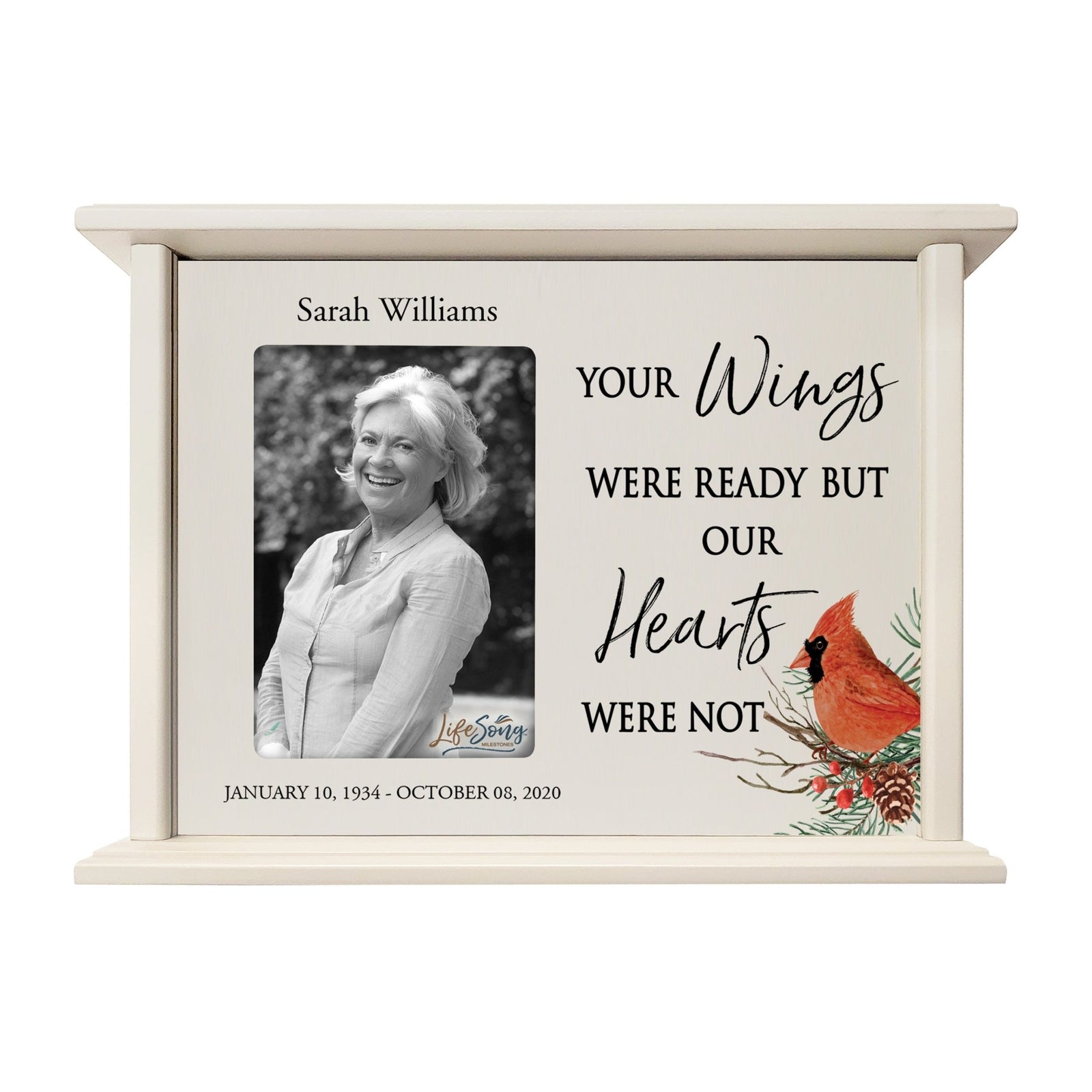 Customized Cardinal Memorial Wooden Cremation Urn Box with 4x6 Photo holds 200 cu in Your Wings Were - LifeSong Milestones