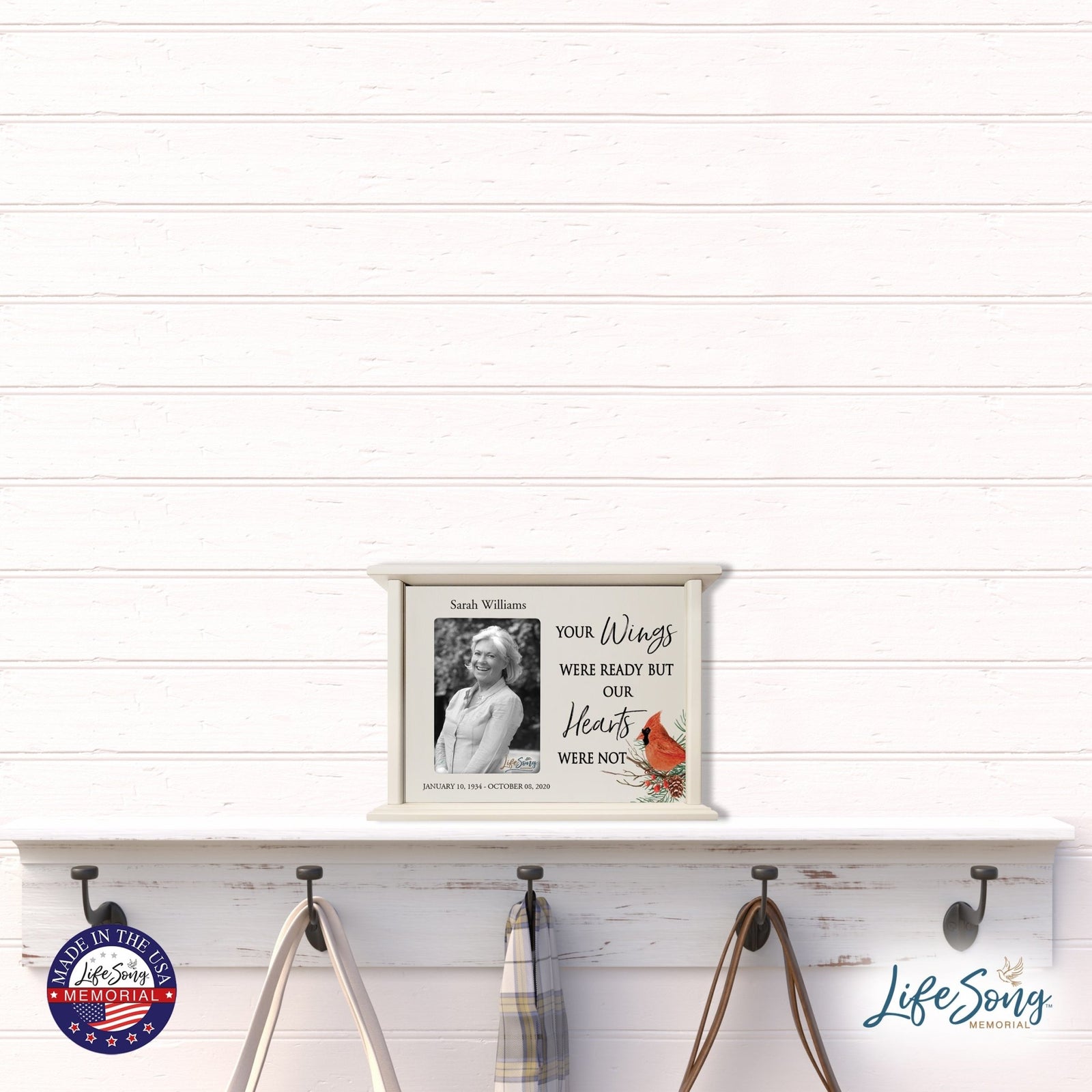 Customized Cardinal Memorial Wooden Cremation Urn Box with 4x6 Photo holds 200 cu in Your Wings Were - LifeSong Milestones