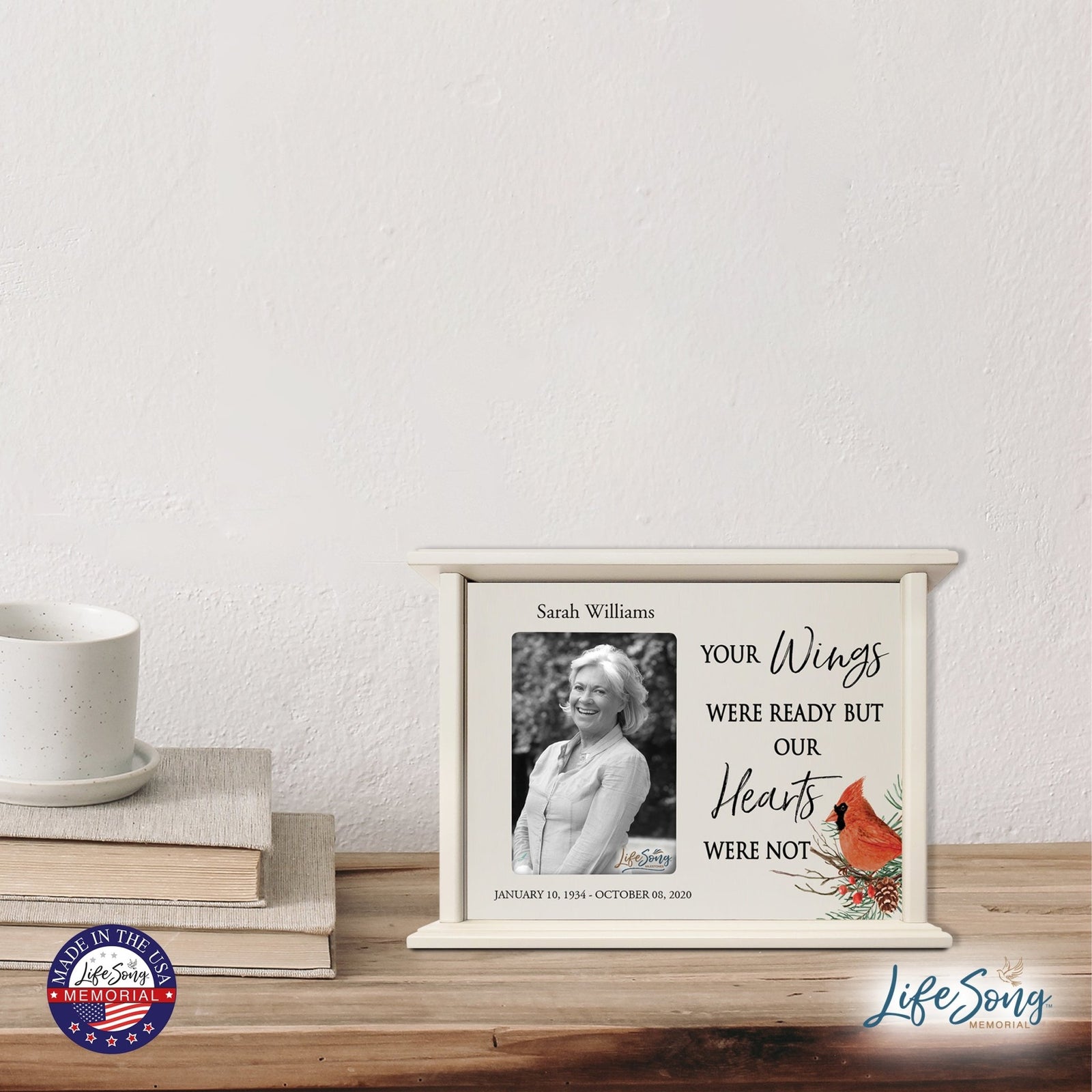 Customized Cardinal Memorial Wooden Cremation Urn Box with 4x6 Photo holds 200 cu in Your Wings Were - LifeSong Milestones