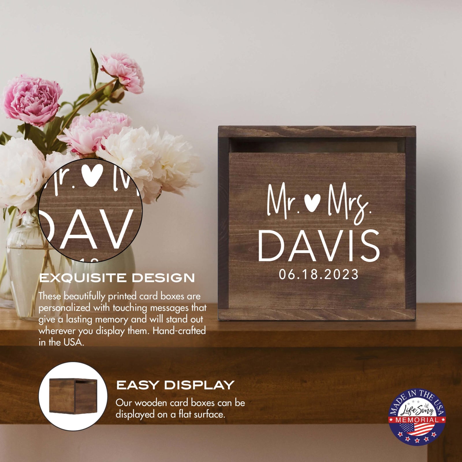 Elegant and Durable Pine Wood Wedding Card Box (Mr & Mrs) - LifeSong Milestones