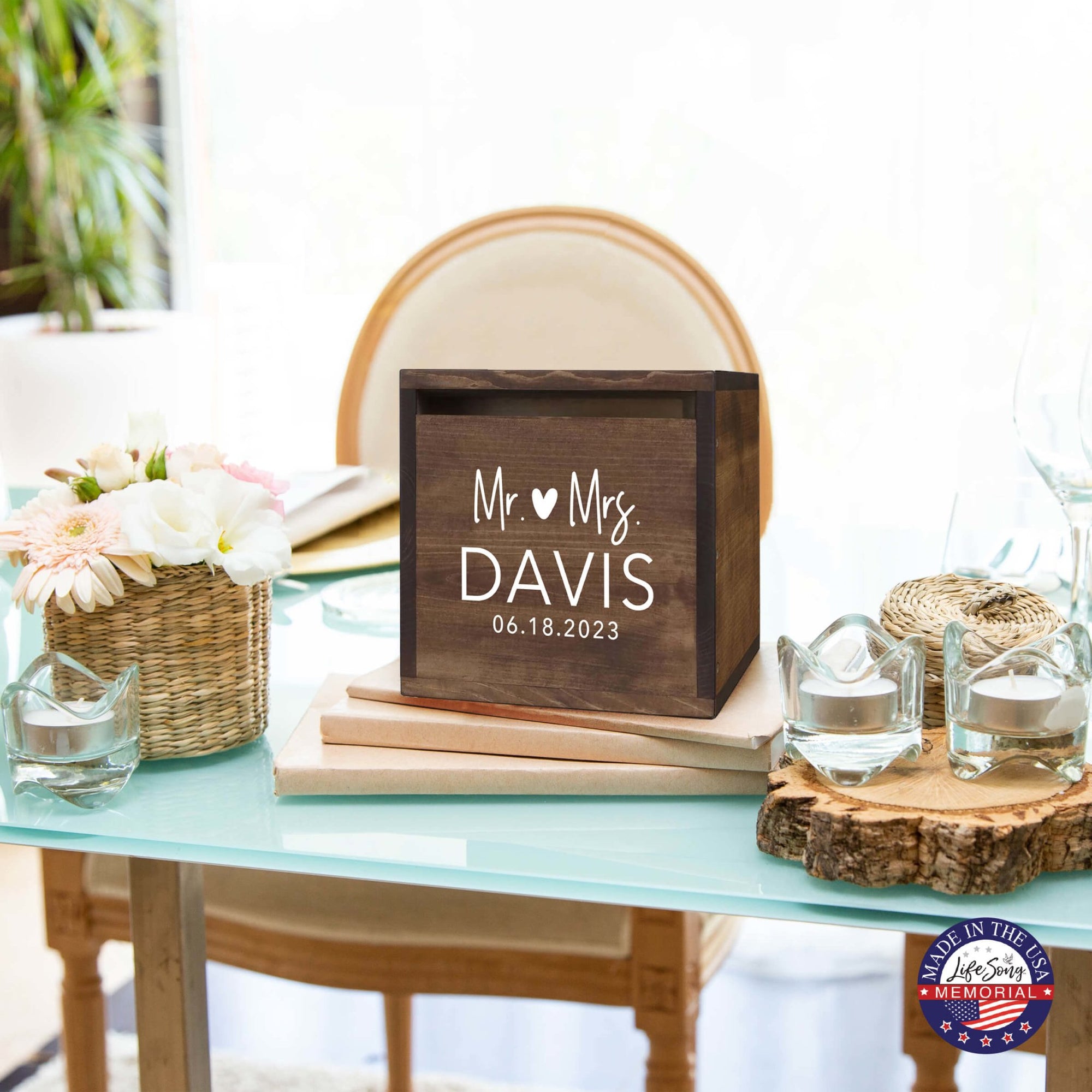 Elegant and Durable Pine Wood Wedding Card Box (Mr & Mrs) - LifeSong Milestones