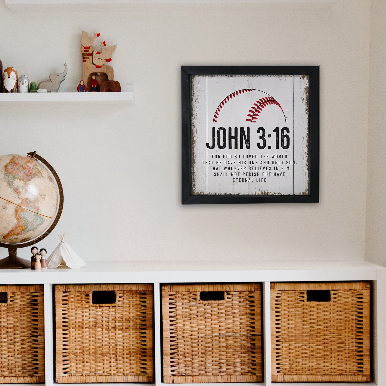 Elegant Baseball Framed Shadow Box Shelf Décor With Inspiring Bible Verses - John 3:16 - LifeSong Milestones