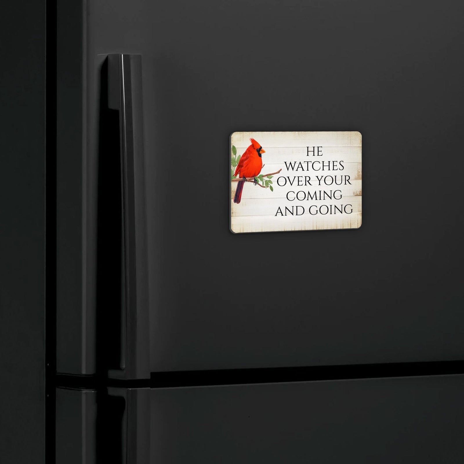 Elegant Vintage-Inspired Cardinal Wooden Magnet Printed With Everyday Inspirational Verses Gift Ideas - He Watches Over - LifeSong Milestones