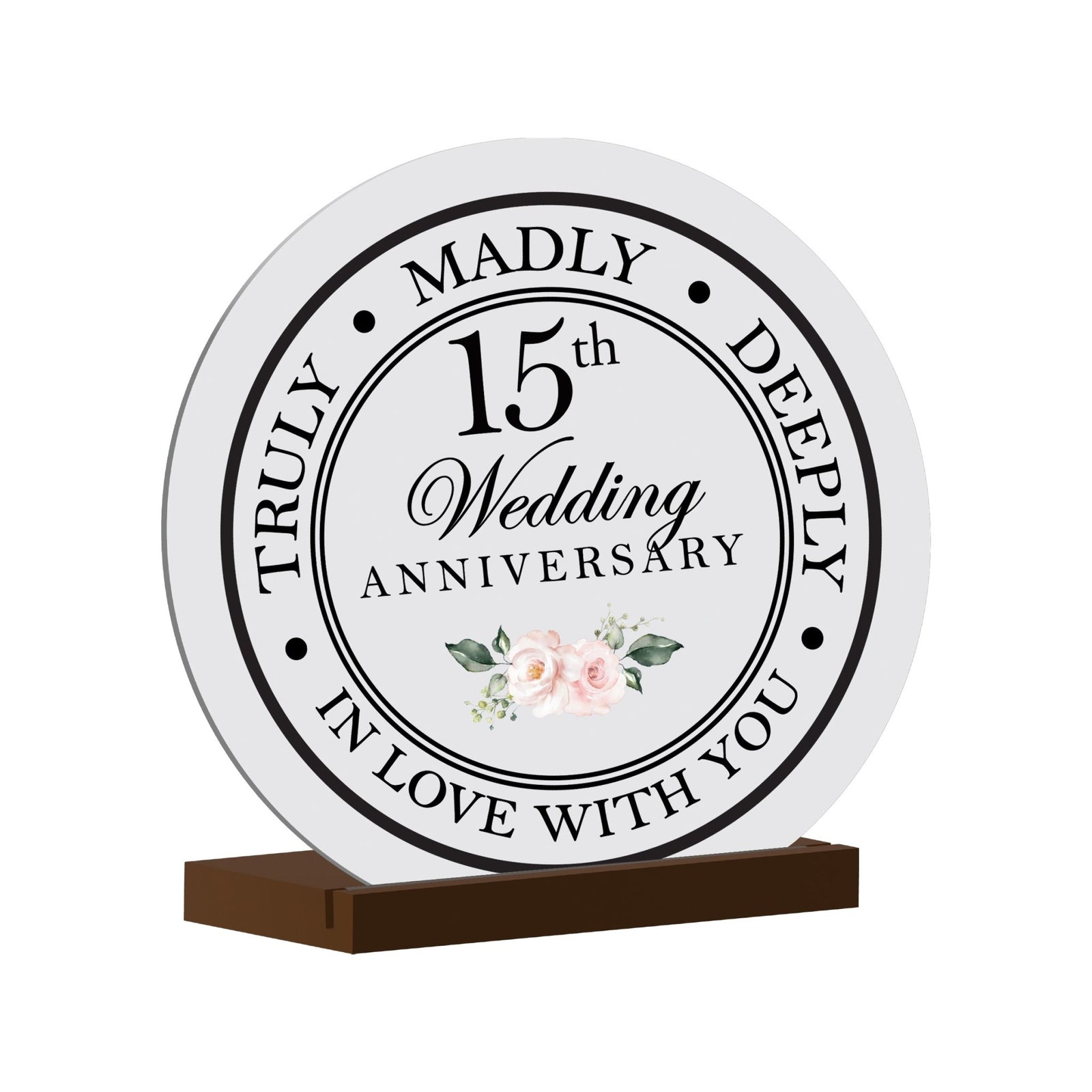 Elegant Wedding Anniversary Celebration Round Sign on Solid Wooden Base - 15th Wedding Anniversary - LifeSong Milestones