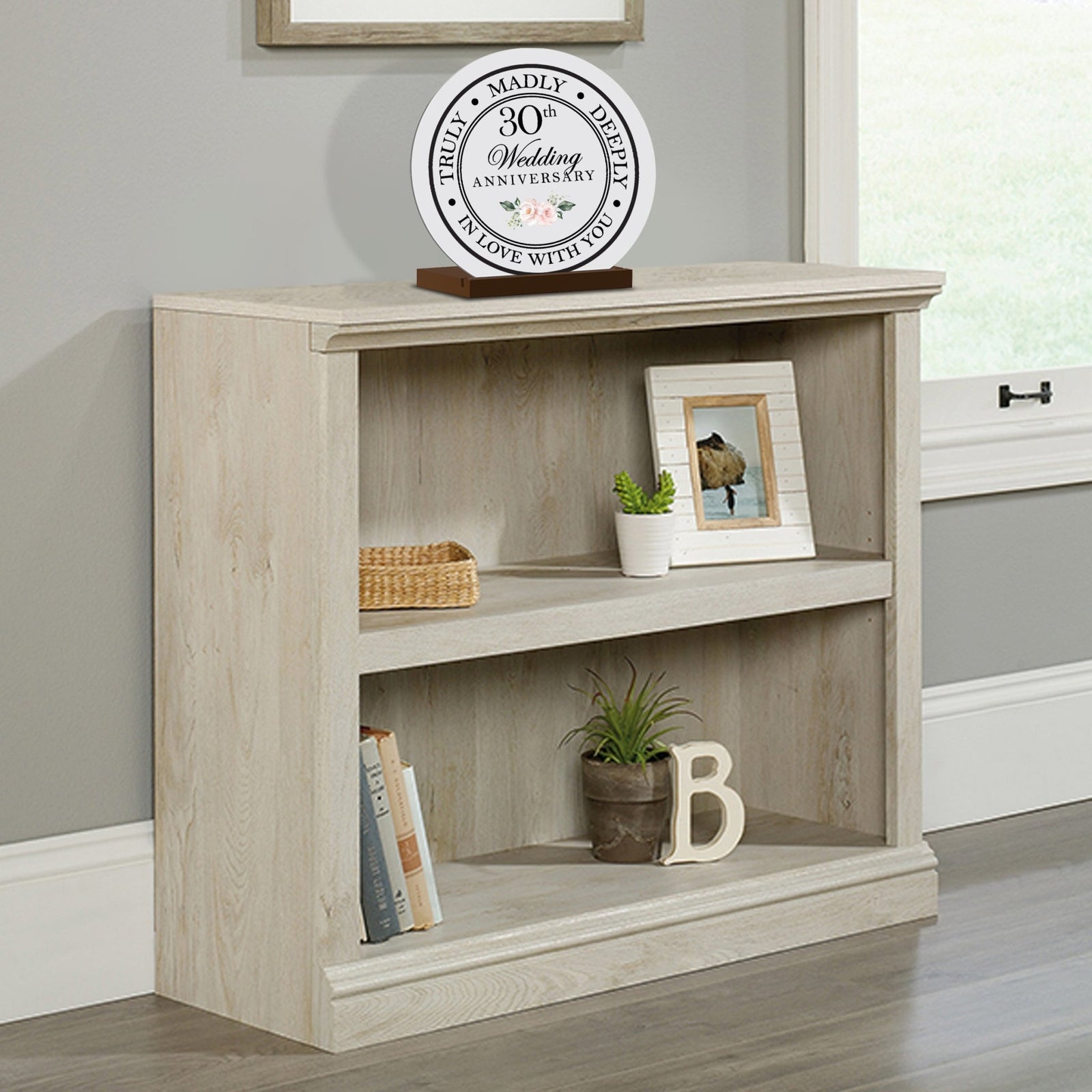 Elegant Wedding Anniversary Celebration Round Sign on Solid Wooden Base - 30th Wedding Anniversary - LifeSong Milestones